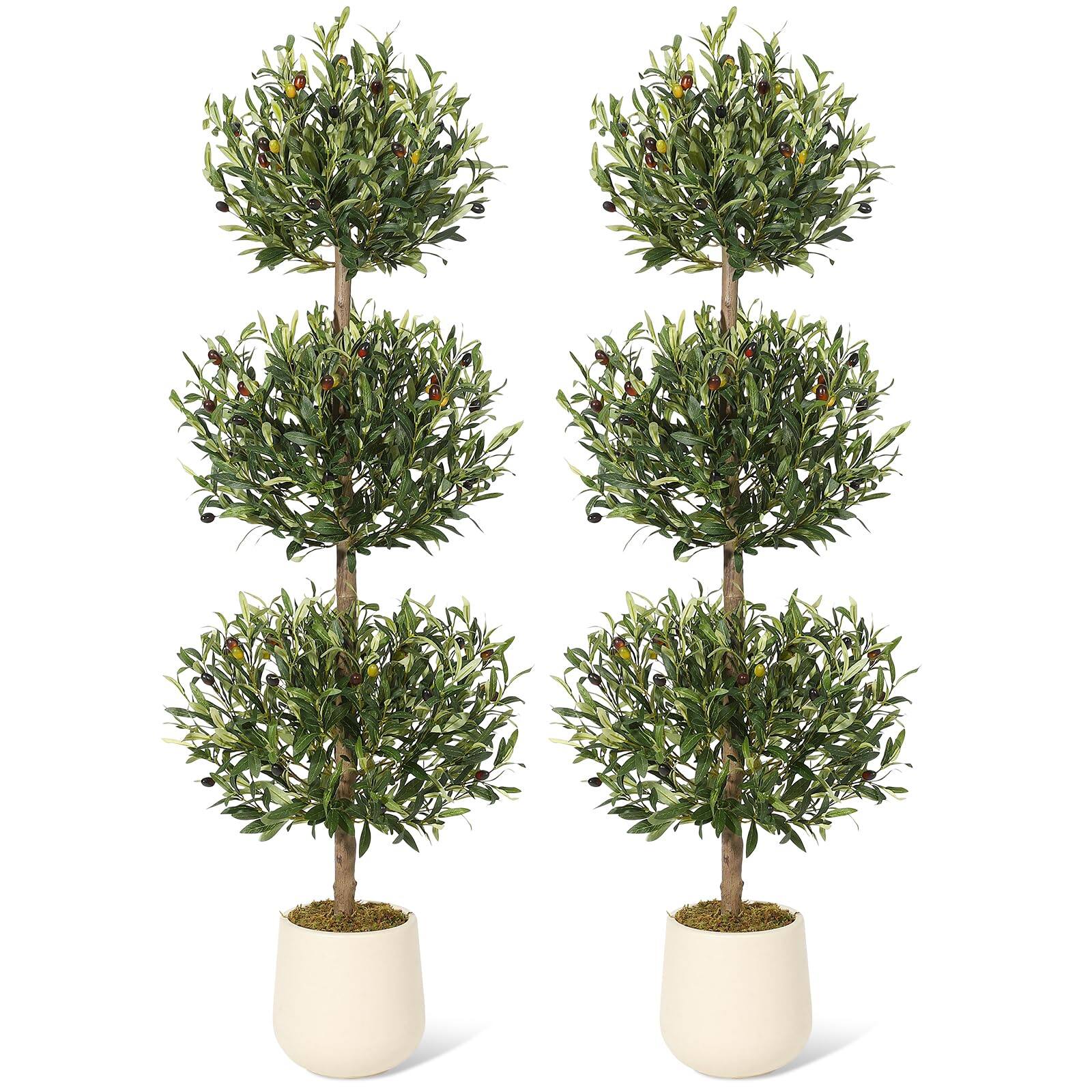 Homhougo - 2Pcs 5FT Artificial Olive Triple Ball Topiary Trees with Moss & Inner Pot - Green