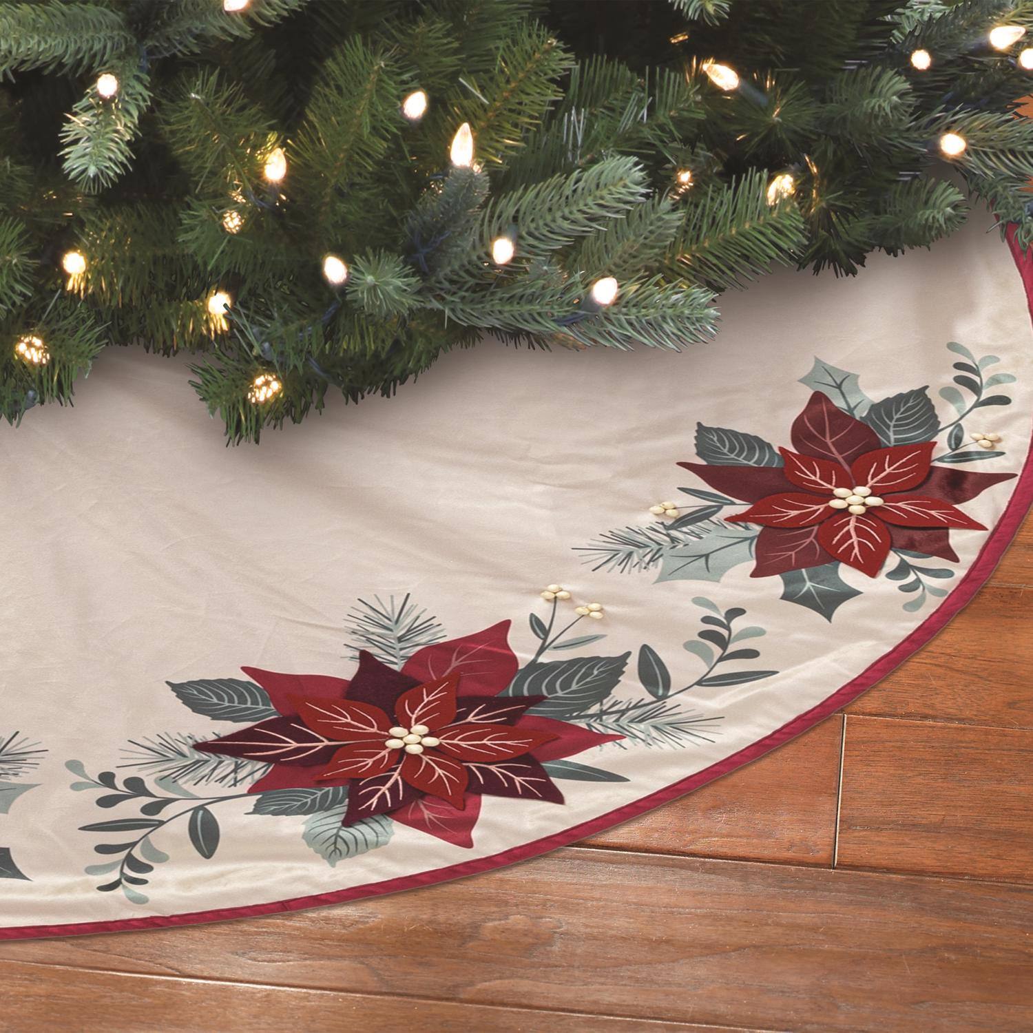 Angle. Dyno - Dyno Ivory Poinsettia Tree Skirt 48 in. (Case of 4) - Multicolored.