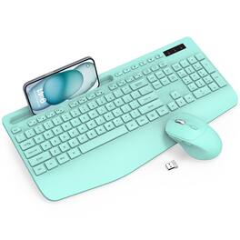PRIMEPLUS - Wireless Keyboard Mouse Combo, Ergonomic Full-Size with Wrist Rest, Phone Holder, Silent Sleep Mode for Windows/Mac - Mint Green