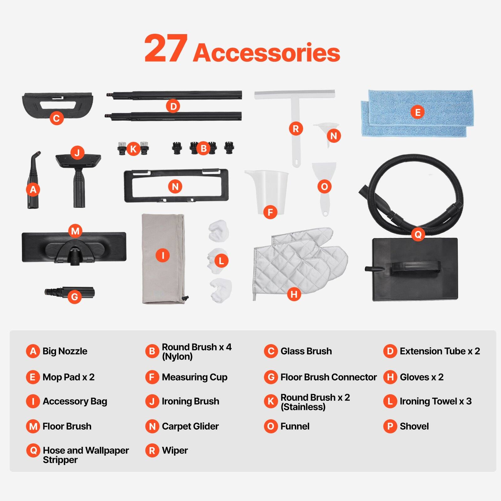 27 Accessories

A. Big Nozzle  
B. Round Brush x 4 (Nylon)  
C. Glass Brush  
D. Extension Tube x 2  
E. Mop Pad x 2  
F. Measuring Cup  
G. Floor Brush Connector  
H. Gloves x 2  
I. Accessory Bag  
J. Ironing Brush  
K. Round Brush x 2 (Stainless)  
L. Ironing Towel x 3  
M. Floor Brush  
N. Carpet Glider  
O. Funnel  
P. Shovel  
Q. Hose and Wallpaper Stripper  
R. Wiper