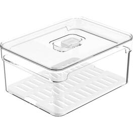 OU - Fridge Organizer Bin with Drain Tray & Vented Lid, 2.3qt Stackable Refrigerator Storage Bin - Clear