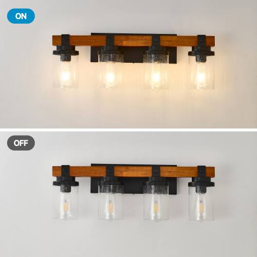 Left. LUCKY ONE - 4-Light Matte Black Wood Wall Lamp, Glass Shade Sconce for Bathroom or Bedroom Wall Mount - Matte Black,Wood.
