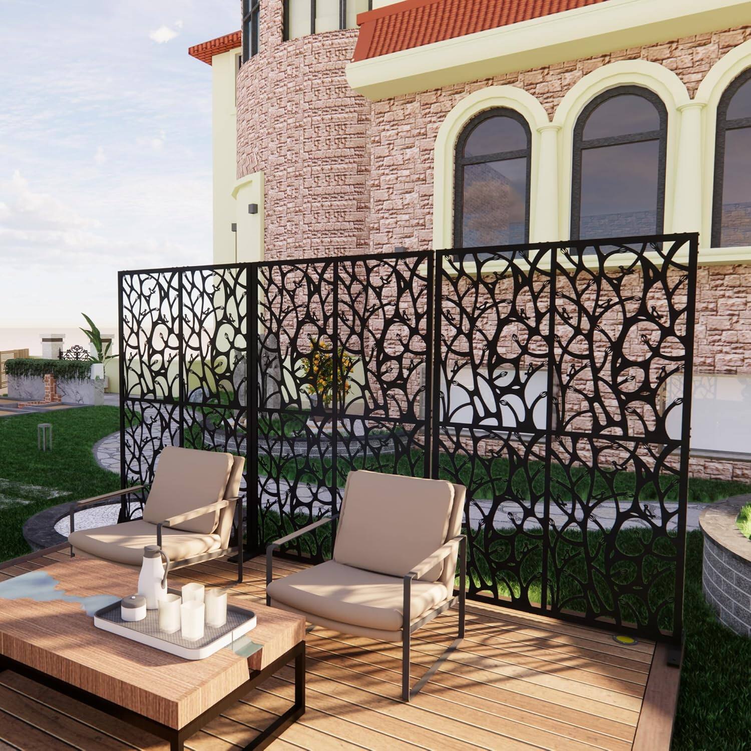 Left. MOOSOO - Metal Privacy Fence Screen 72x45.3"– Freestanding Decorative Outdoor & Indoor Room Divider Screen with Bird Pattern - Black.