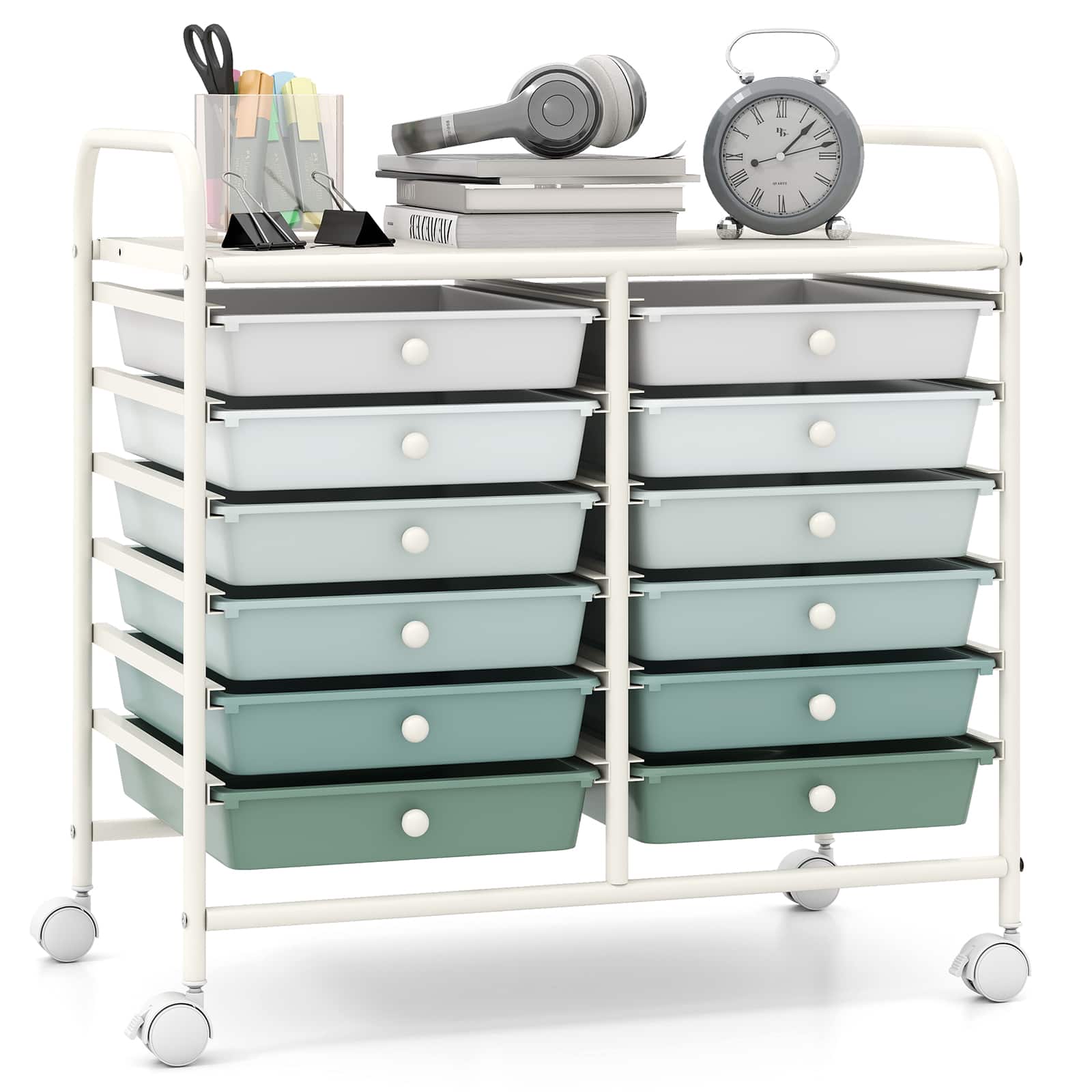 Costway - 12-Drawer Rolling Art & Craft Storage Cart with Removable Drawers, Metal Frame, Lockable Wheels - Gradient Green