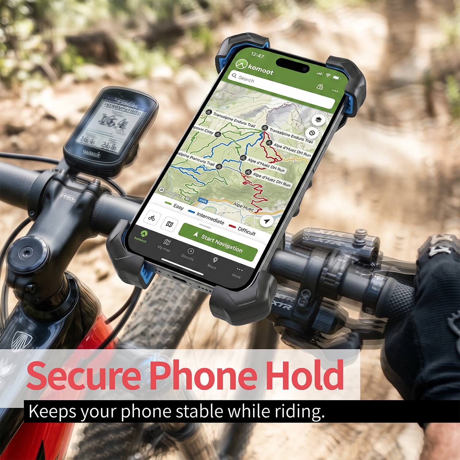 12:47 komoot cot Search SnAn ESUPENCALINER Transabsine 164 4g povin Endure Trail Cosy Transalpine 1 Enduro Thail 268 SoN Alpe d'Huez DH CAGMEE aipine Kun Paheure Toa Alpe d'Huez DH A  Alpe SHUN DH Run ASL morn AEVE Easy Alee Huez df Intermediate 0O Difficult Jemad 00 Start MY me Navigation Ciesuls Mlacs More XTR Secure Phone Hold Keeps your phone stable while riding.