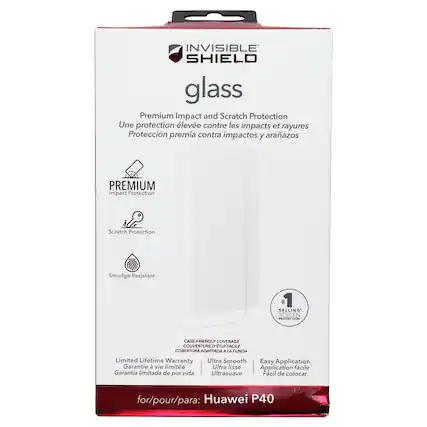INVISIBLE SHIELD glass Premium Impact and Scratch Protection
Une protection élevée contre les impacts et rayures
Protección premia contra impactos y arañazos
PREMIUM Impact Protection Scratch Protection Smudge Resistant
1 SELLING SCREEN PROTECTION
CASE-FRIENDLY COVERAGE
COUVERTURE D'ETUI FACILE
COBERTURA ADAPTADA A LA FUNDA
Limited Lifetime Warranty
Garantie à vie limitée
Garantía limitada de por vida
Ultra Smooth Easy Application
Ultra lisse Application facile
Ultrasuave Fácil de colocar
for/pour/para: Huawei P40