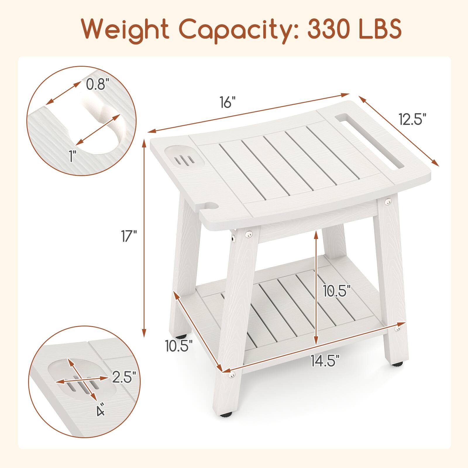 Weight Capacity: 330 LBS

- 0.8"
- 1"
- 16"
- 12.5"
- 17"
- 10.5"
- 2.5"
- 10.5"
- 14.5"
- 4"