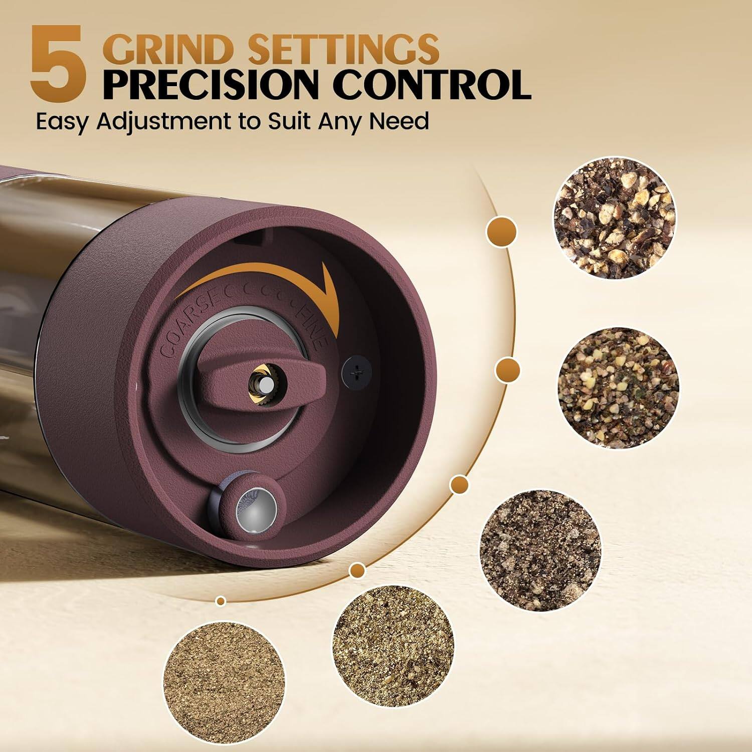 5 GRIND SETTINGS PRECISION CONTROL  
Easy Adjustment to Suit Any Need