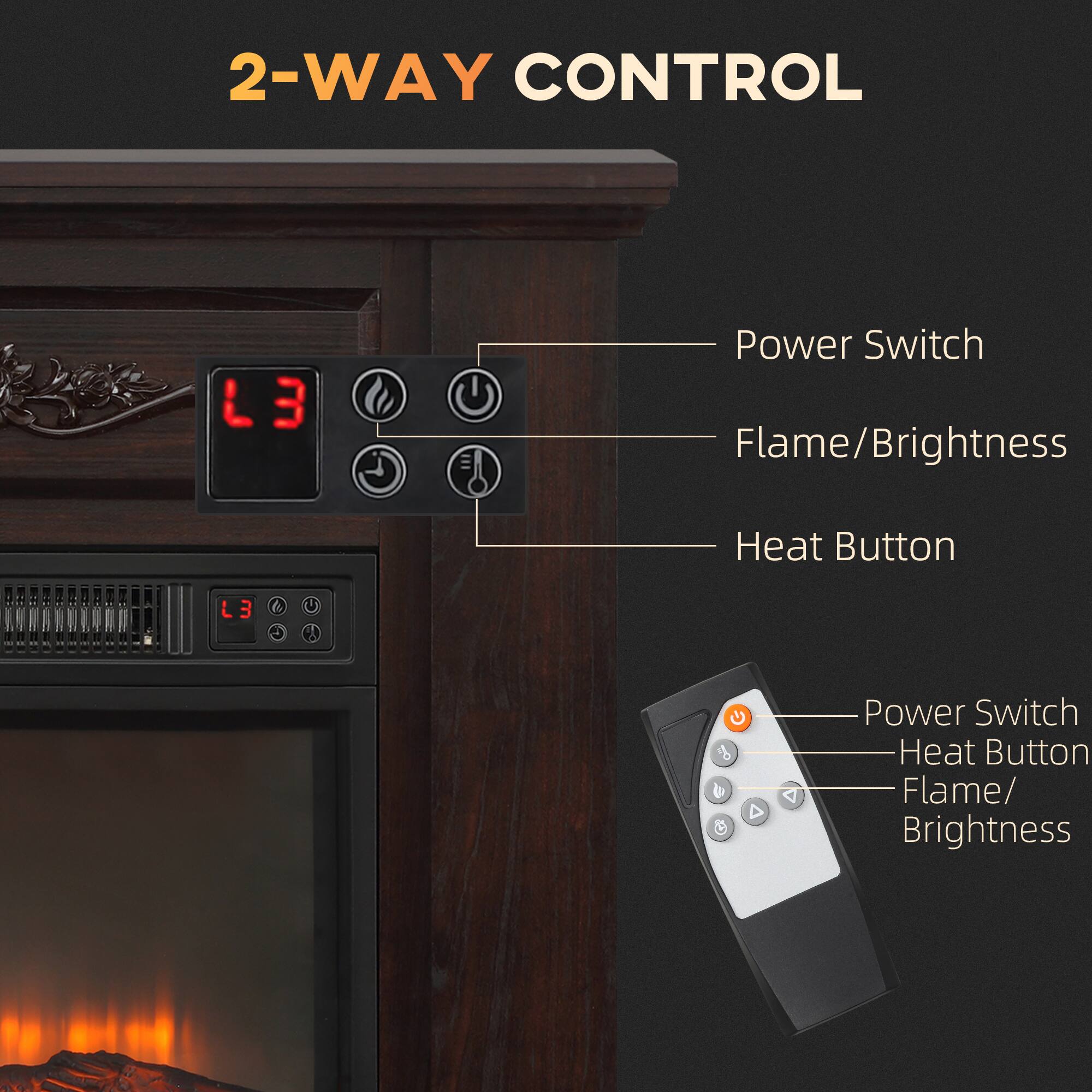 2-WAY CONTROL

- Power Switch
- Flame/Brightness
- Heat Button

2-WAY CONTROL

- Power Switch
- Flame/Brightness
- Heat Button