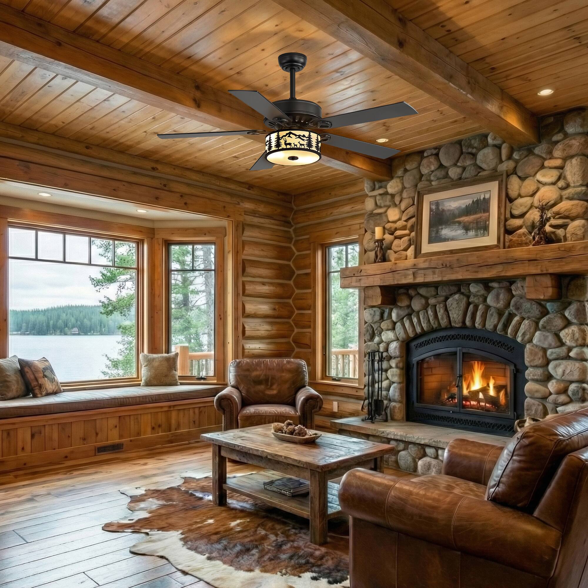 Back. Breezary - 52-Inch Ceiling Fan with Scenic Light Shade, 5 Blades, DC Motor, Remote Control, 6 Speeds, 5"&10"Downrod Mount - 52-inch Matte Black & Wood Grain.