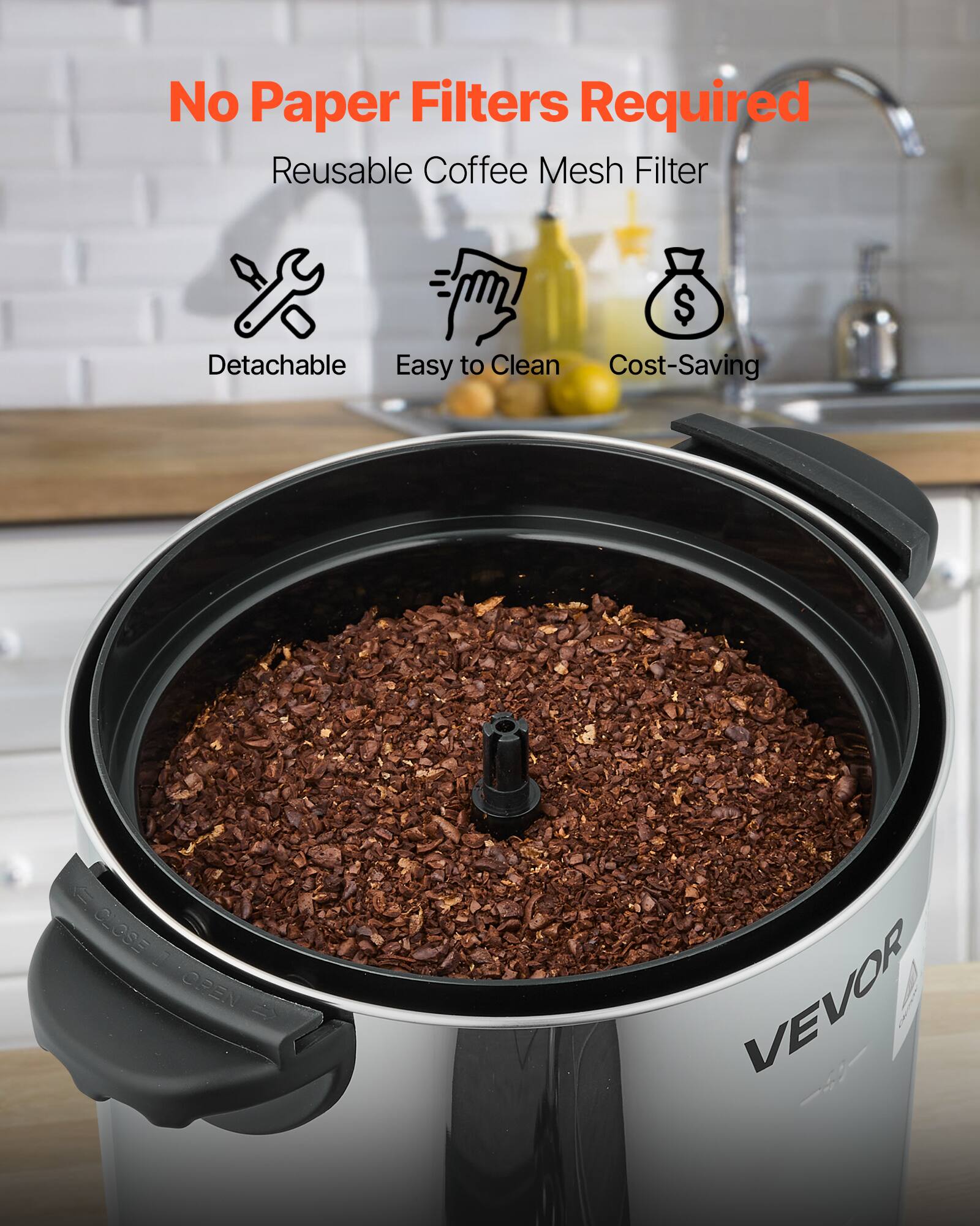 No Paper Filters Required  
Reusable Coffee Mesh Filter  
- Detachable  
- Easy to Clean  
- Cost-Saving  

CLOSE 1 OPEN => VEVOR