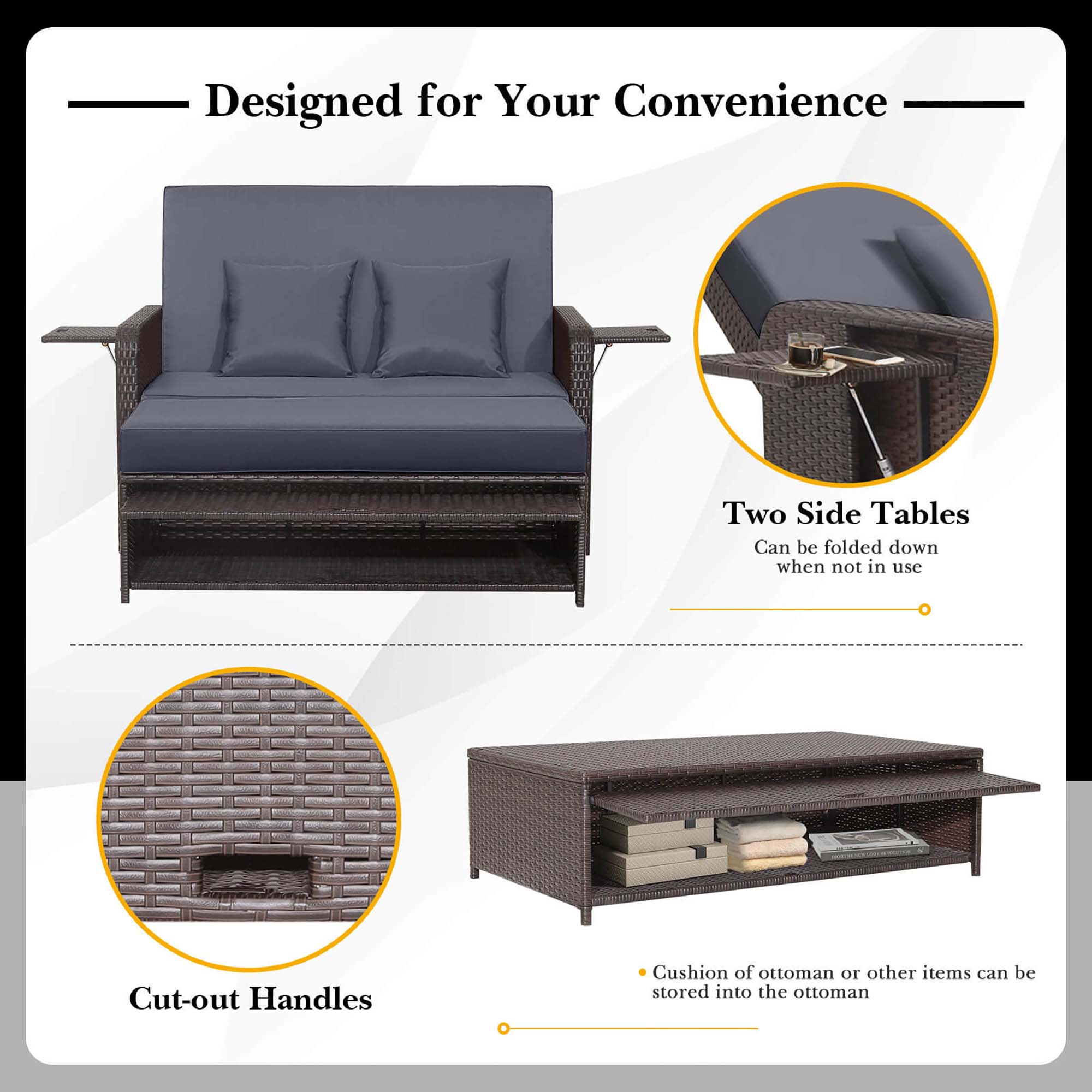 Designed for Your Convenience: Two Side Tables Can be folded down when not in use. Cut-out Handles. Cushion of ottoman or other items can be stored into the ottoman.
