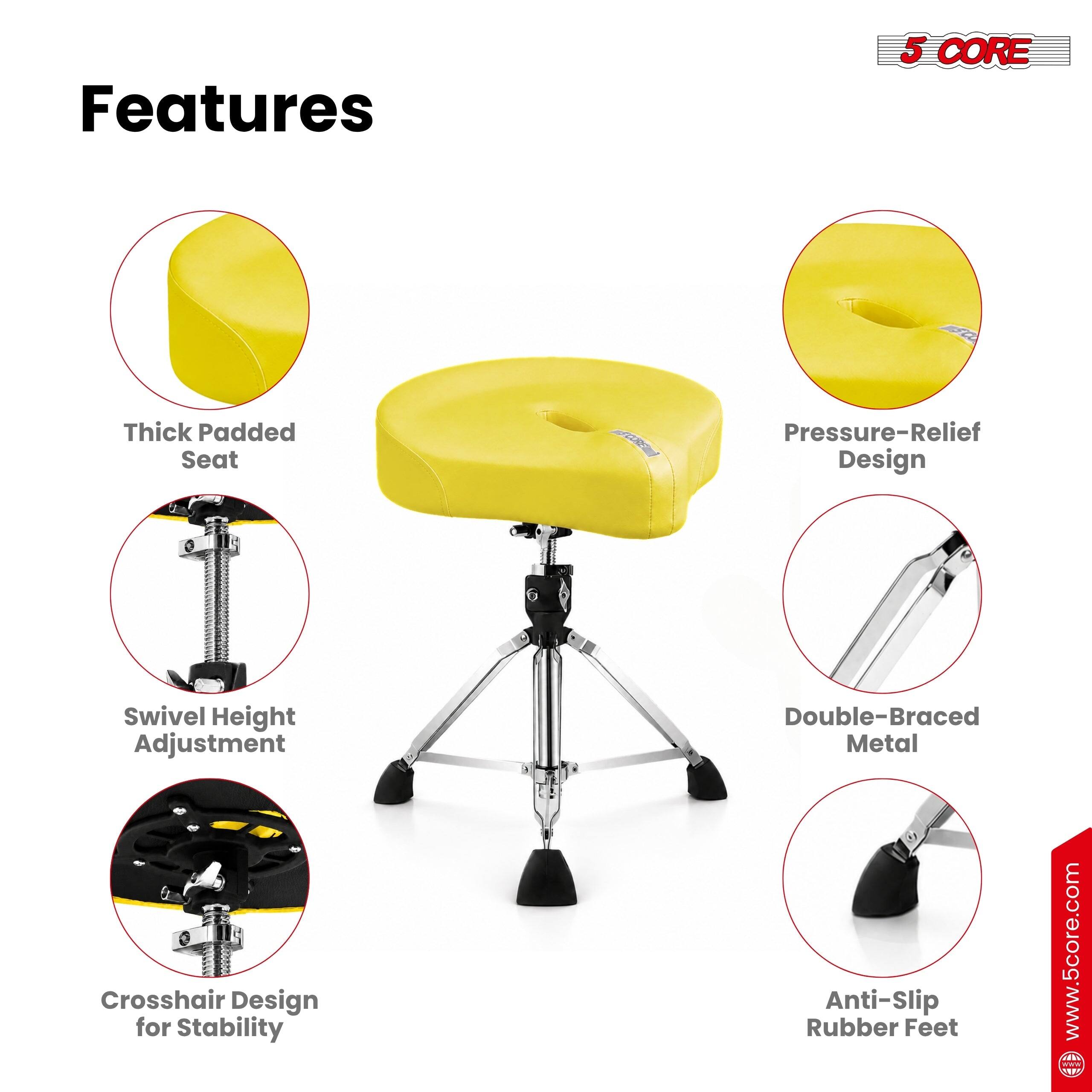 Features

- 5 CORE Thick Padded Seat
- Pressure-Relief Design
- Swivel Height Adjustment
- Double-Braced Metal Crosshair Design for Stability
- Anti-Slip Rubber Feet

www.5core.com