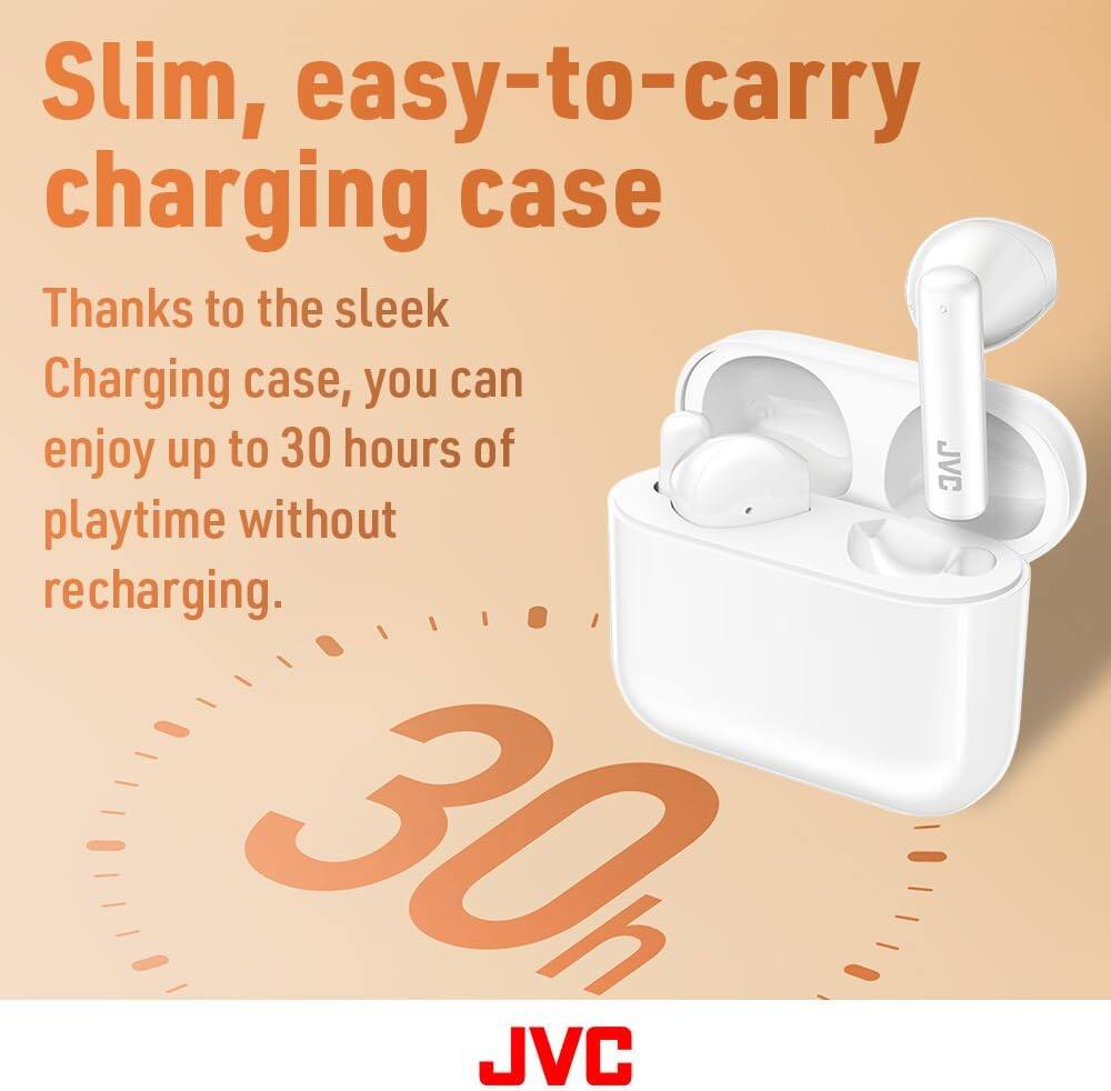 Slim, easy-to-carry charging case

Thanks to the sleek Charging case, you can enjoy up to 30 hours of playtime without recharging.

30h

JVC