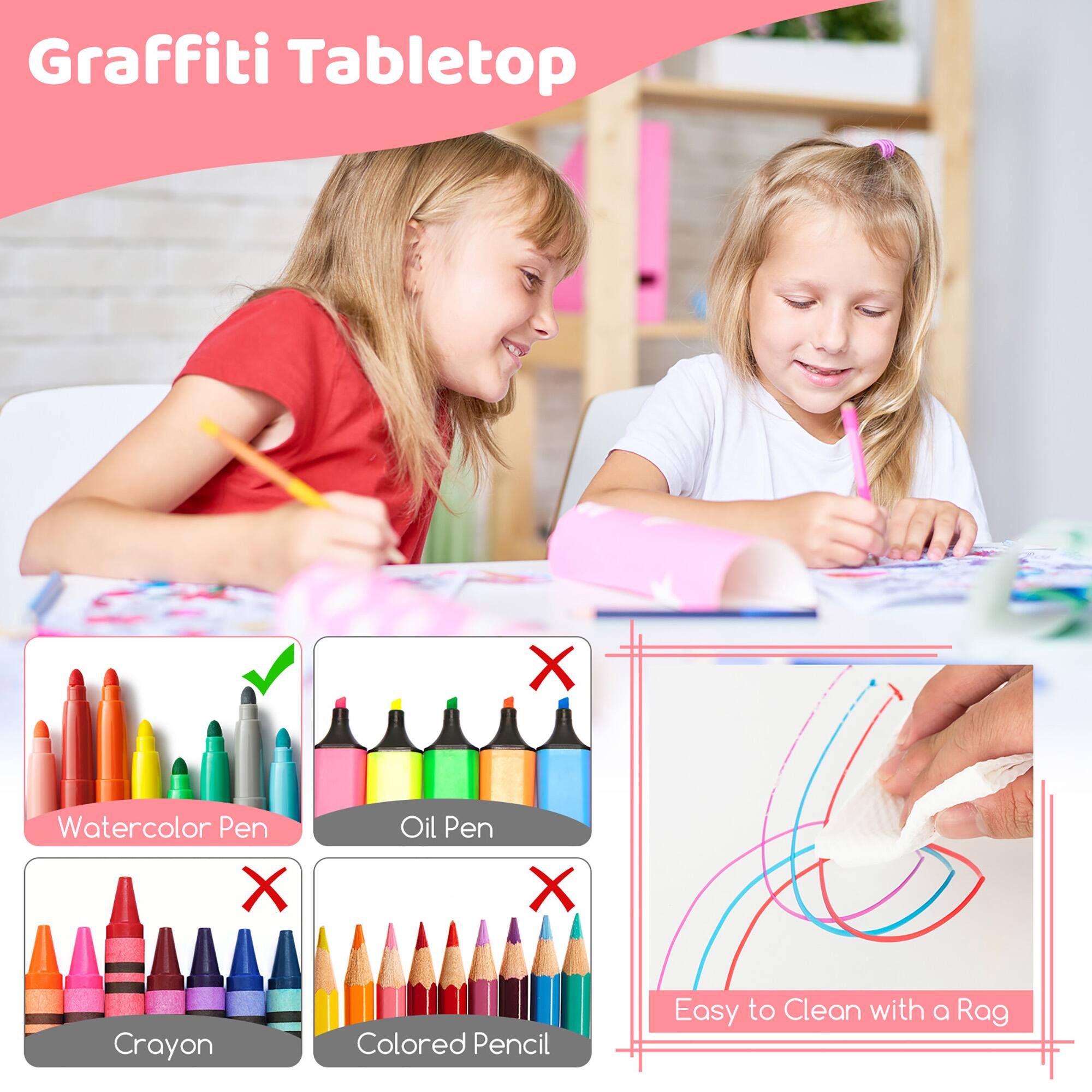 Graffiti Tabletop

- Watercolor Pen ✔️
- Oil Pen ❌
- Crayon ❌
- Colored Pencil ❌

Easy to Clean with a Rag