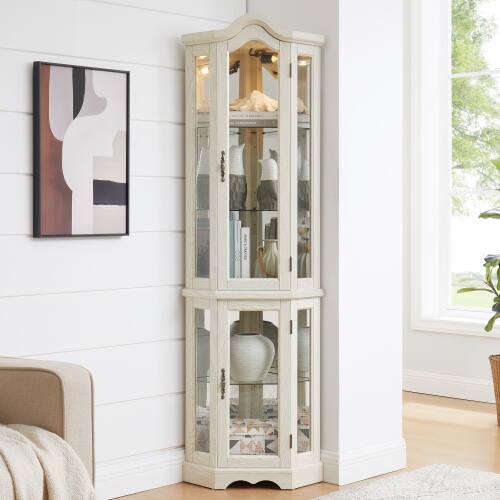 Front. LUCKY ONE - Freestanding Corner Curio Cabinet with Tempered Glass Shelves LED Light Storage for Collectibles Living Room - White.