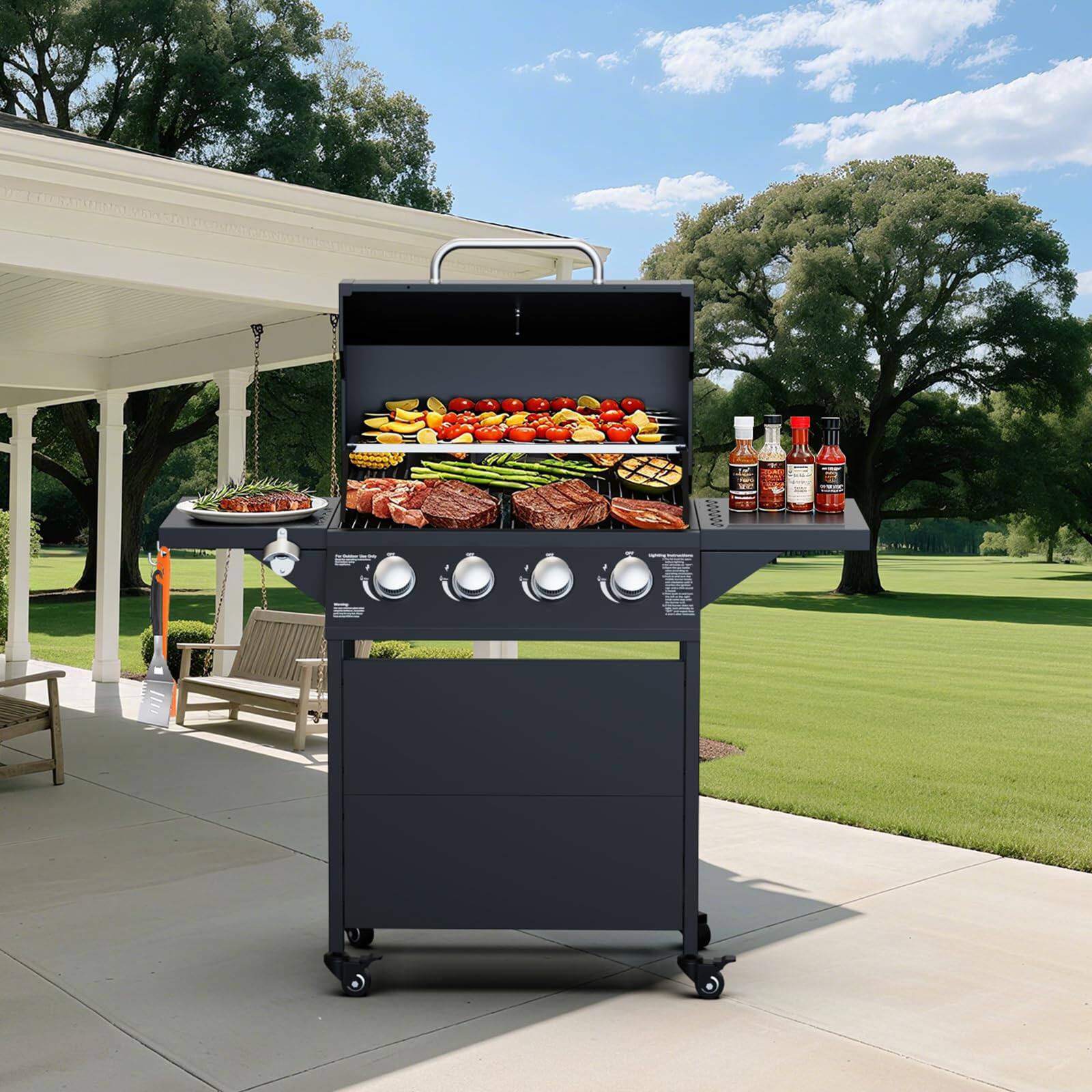 Left. GlowWise - 4-Burner 40,000 BTU Propane BBQ Grill, Stainless Steel with Side Tables & Wheels for Outdoor, Backyard, Camping (Black). - Blank.