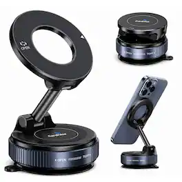 CardiVox - Universal Magnetic Car Phone Holder – 360° Rotating Dashboard Mount Foldable Suction Cup Stand - Black