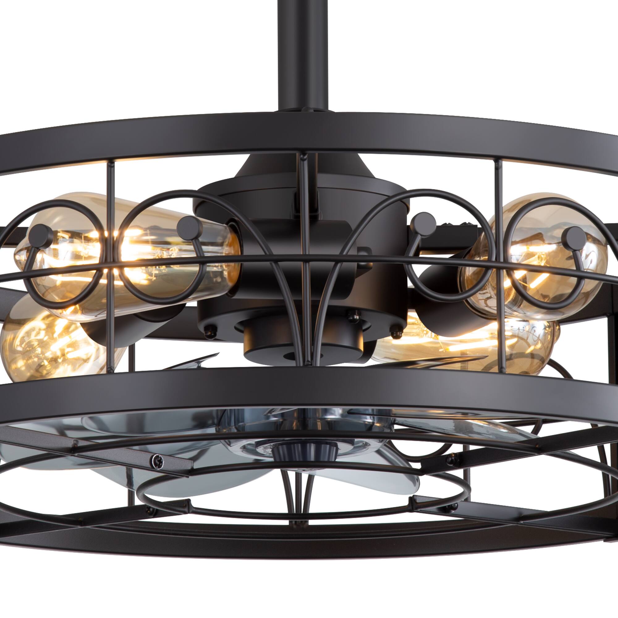 Left. Breezary - 20'' Indoor Caged Ceiling Fan with with Light Kit and Remote, KD Version, 7 ABS Blades, 6-Speed DC Motor, Timer - Matte Black.