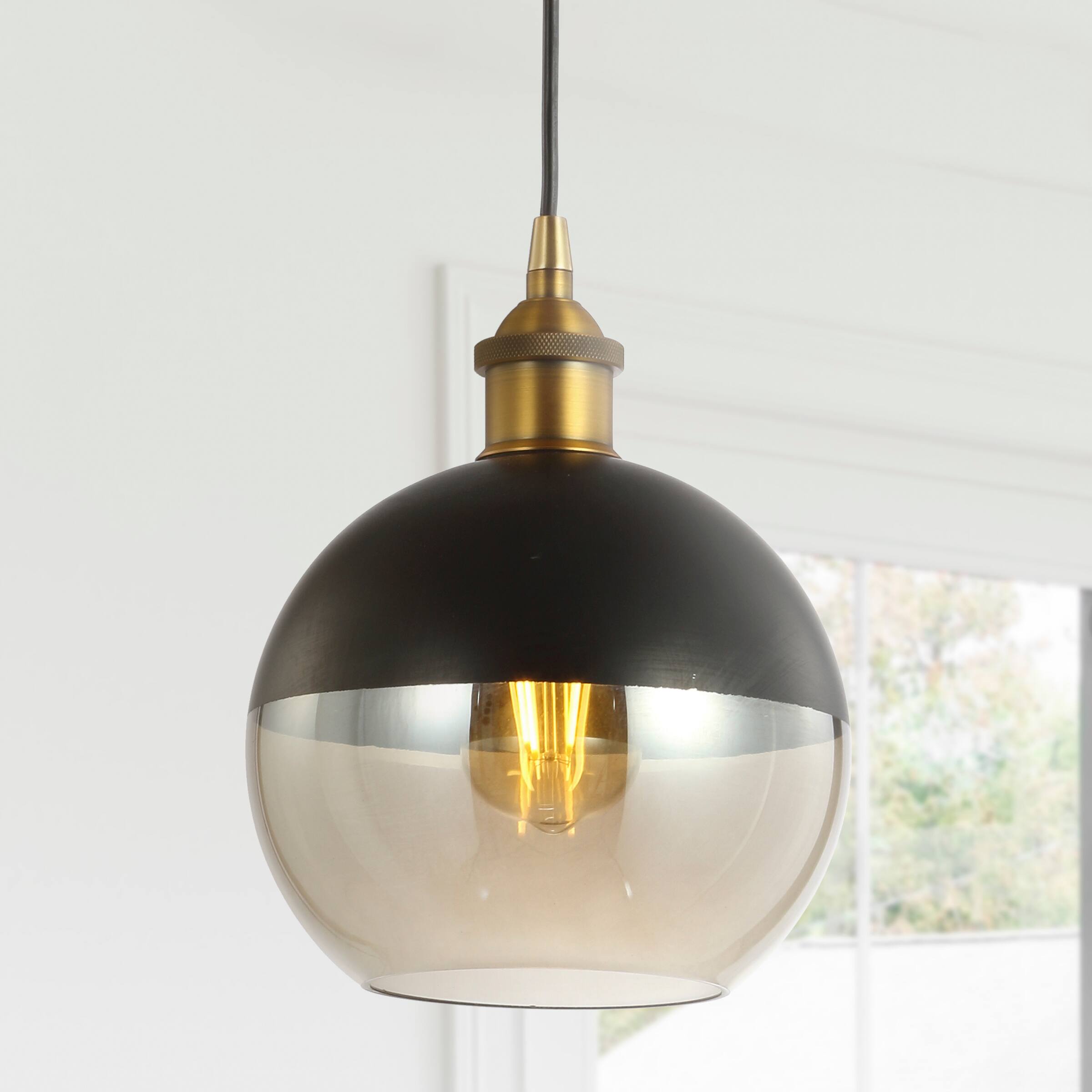 Alt View 1. Jonathan Y - Nixon 7.5" 1-Light MidCentury Modern Metal/Glass Adjustable Drop Globe LED Pendant, Brass Gold/Black - Brass Gold/Black.