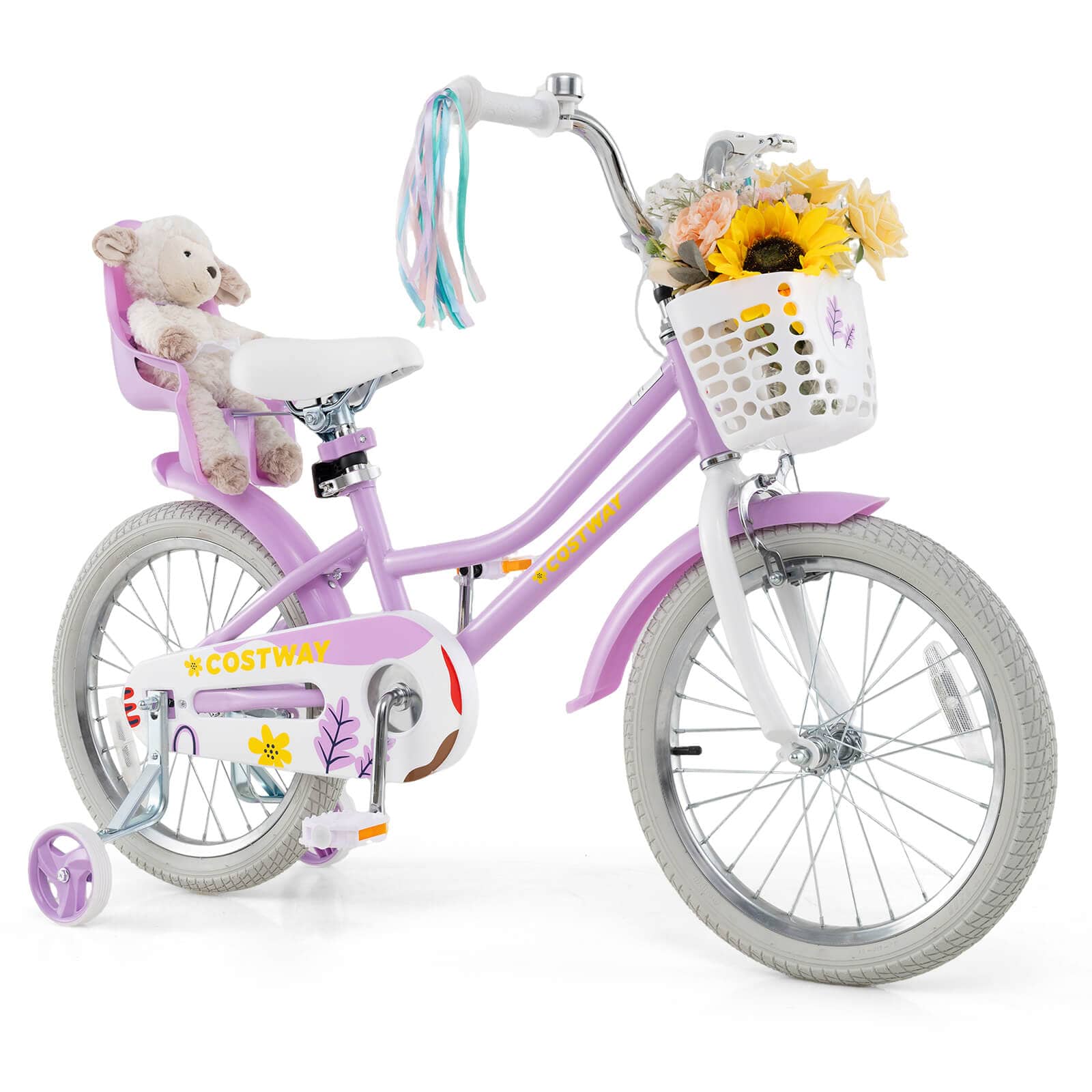 Costway - 18 Inches Kids Bicycle w/ Basket Doll Seat Colorful Streamers Training Wheels - Purple