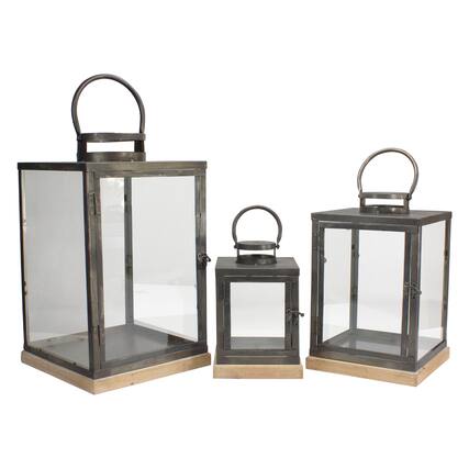 Front. Melrose - Set of 3 Bronze Glass Candle Lanterns With a Latch Hook Lock - 21" - Bronze.
