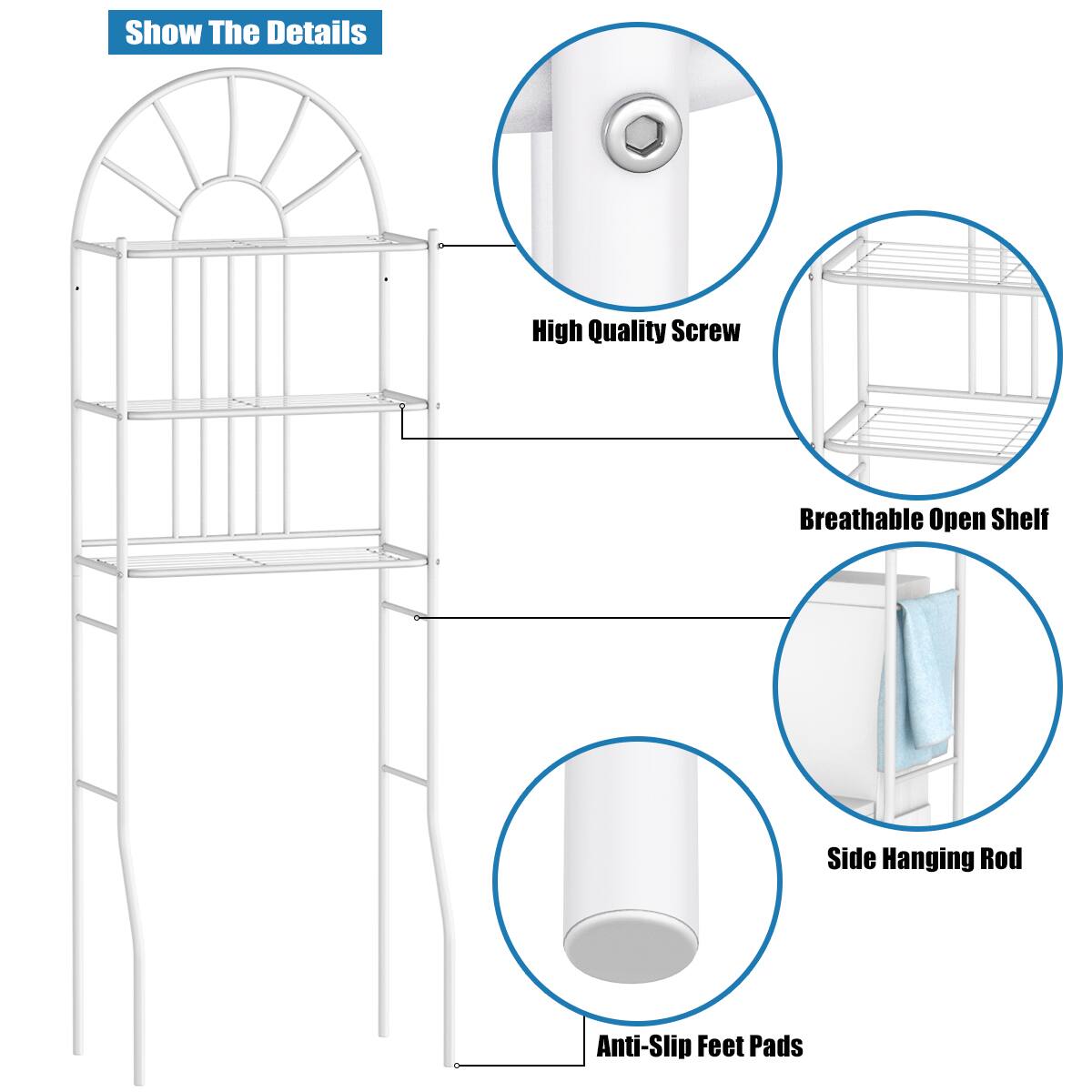 Show The Details  
High Quality Screw  
Breathable Open Shelf  
Side Hanging Rod  
Anti-Slip Feet Pads