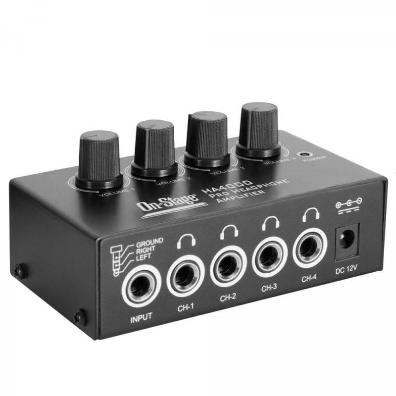 VOLUME 1 VOLUME 2 VOLUME 3 VOLUME 4 HA4000 HEADPHONE PRO HEAD On-Stage AMPLIFIER On-Stage GROUND RIGHT LEFT CH-1 INPUT CH-2 CH-3 CH-4 DC 12V