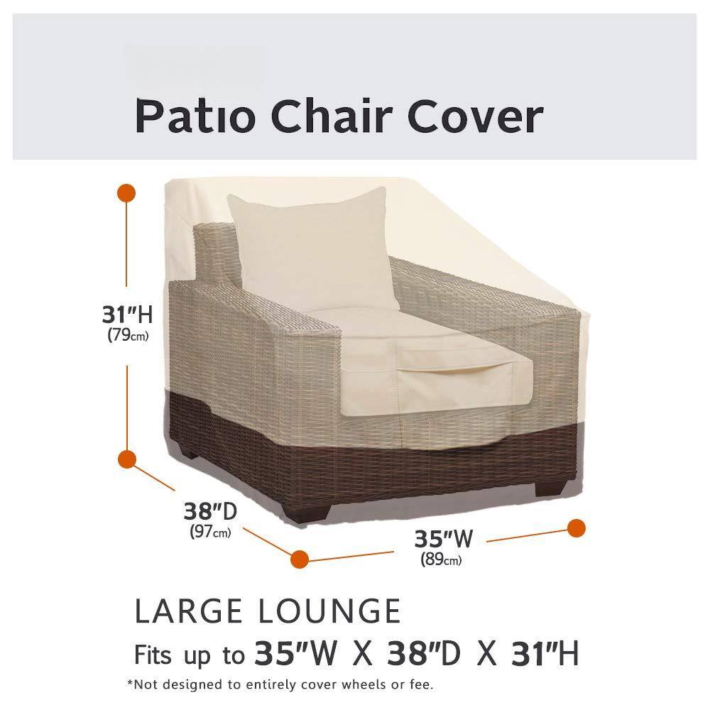 Patio Chair Cover

31"H (79cm)  
38"D (97cm)  
35"W (89cm)  

LARGE LOUNGE  
Fits up to 35"W X 38"D X 31"H  

*Not designed to entirely cover wheels or feet.