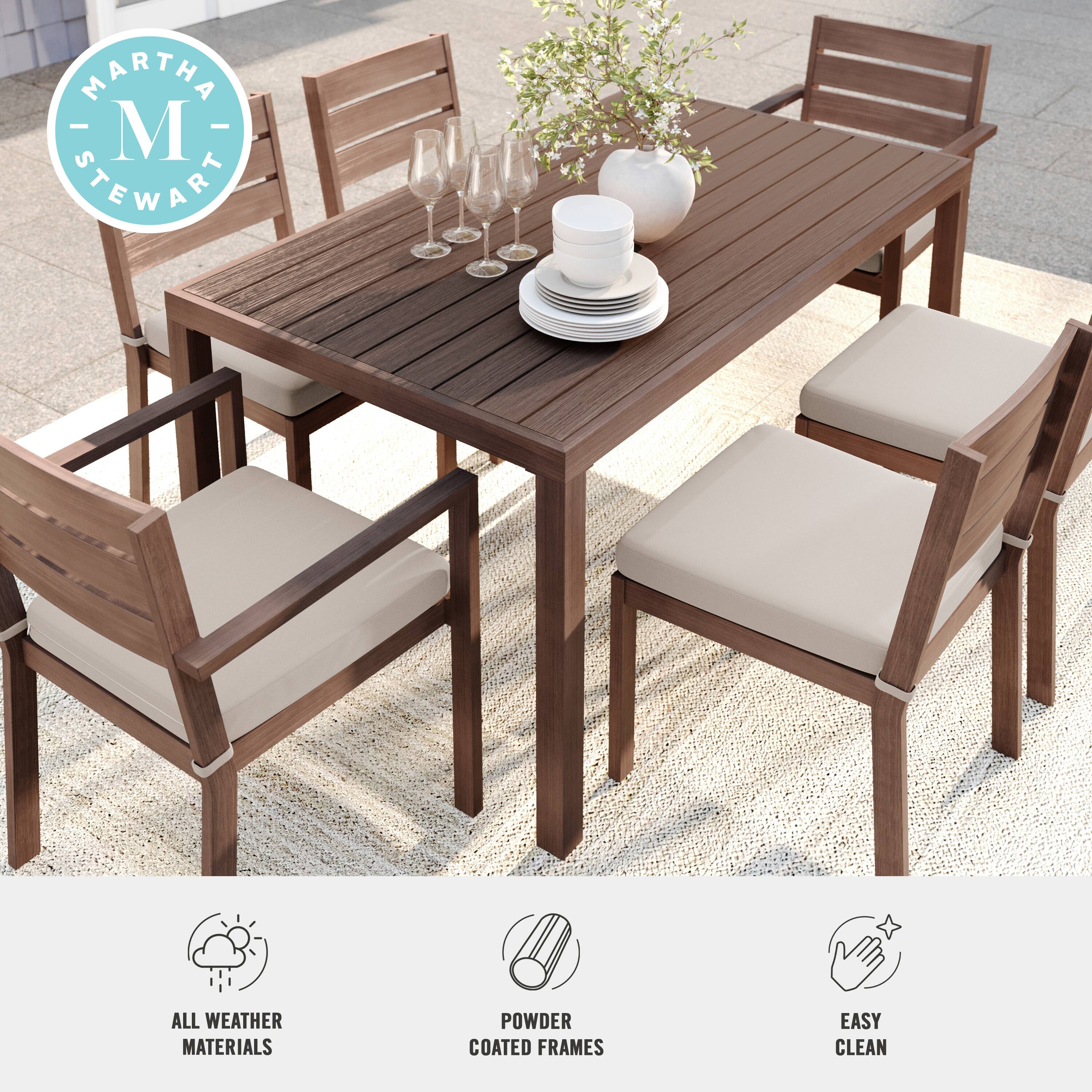 "Martha Stewart All Weather Materials. 0 Powder Coated Frames. Easy Clean."