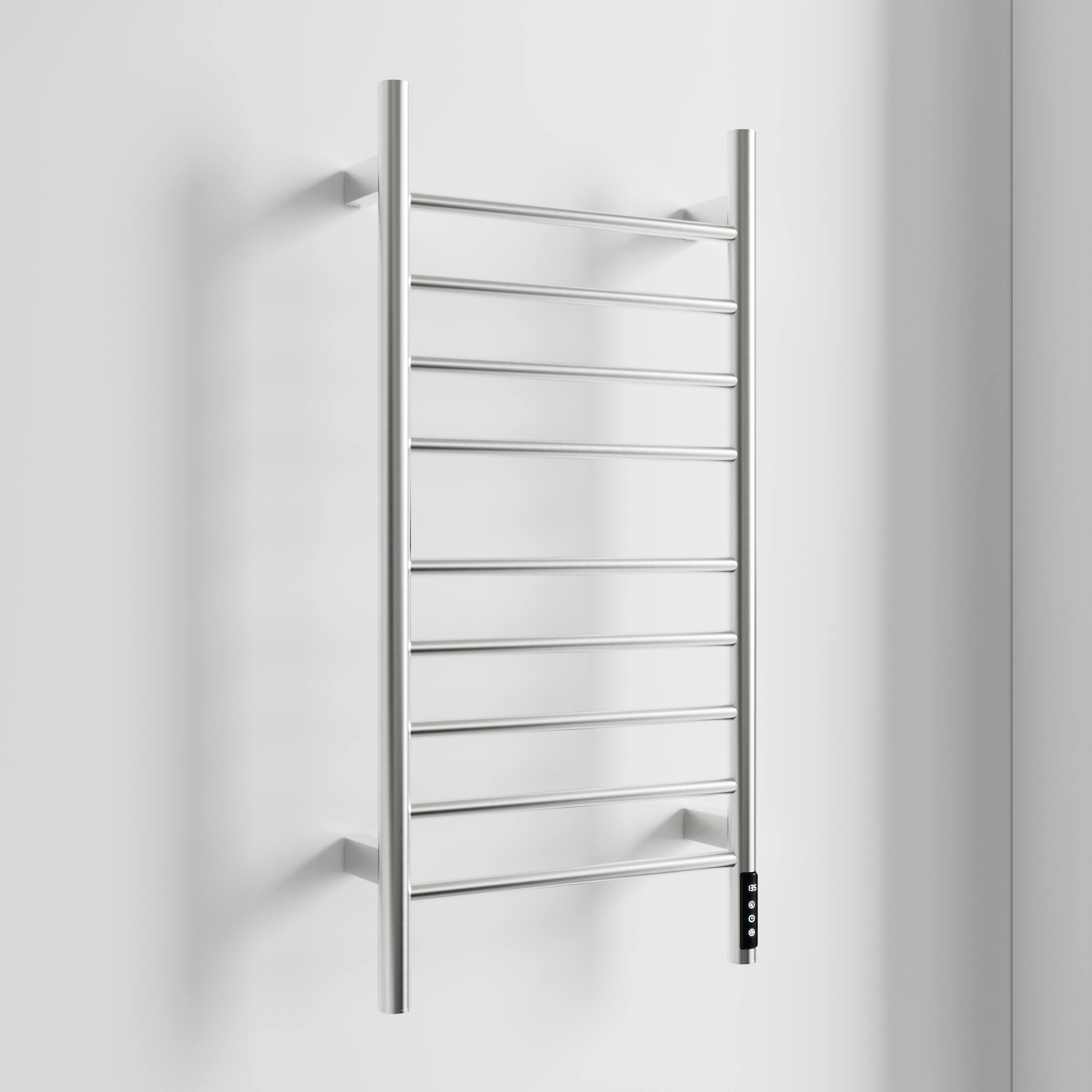 Front. COWLOWN - Brushed Nickel Heated Towel Rack Wall Mounted 9-Bar Warmer w Touch Timer 304 Stainless Steel Plug-in Hard-Wired - Brushed Nickel.