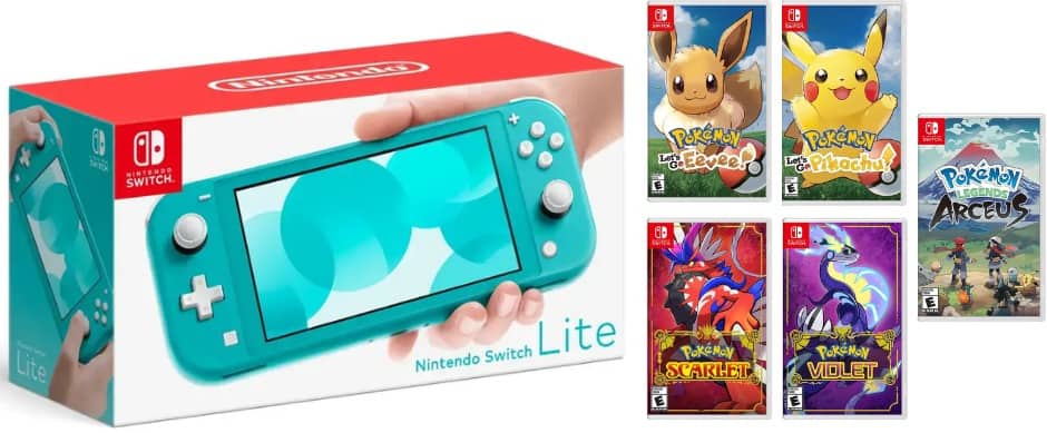 Switch Lite Turquiose Pokemon Bundle With Legends Arceus , Scarlet , Violet, Let's Go Pikachu, & Let's Go Evee - Nintendo Switch