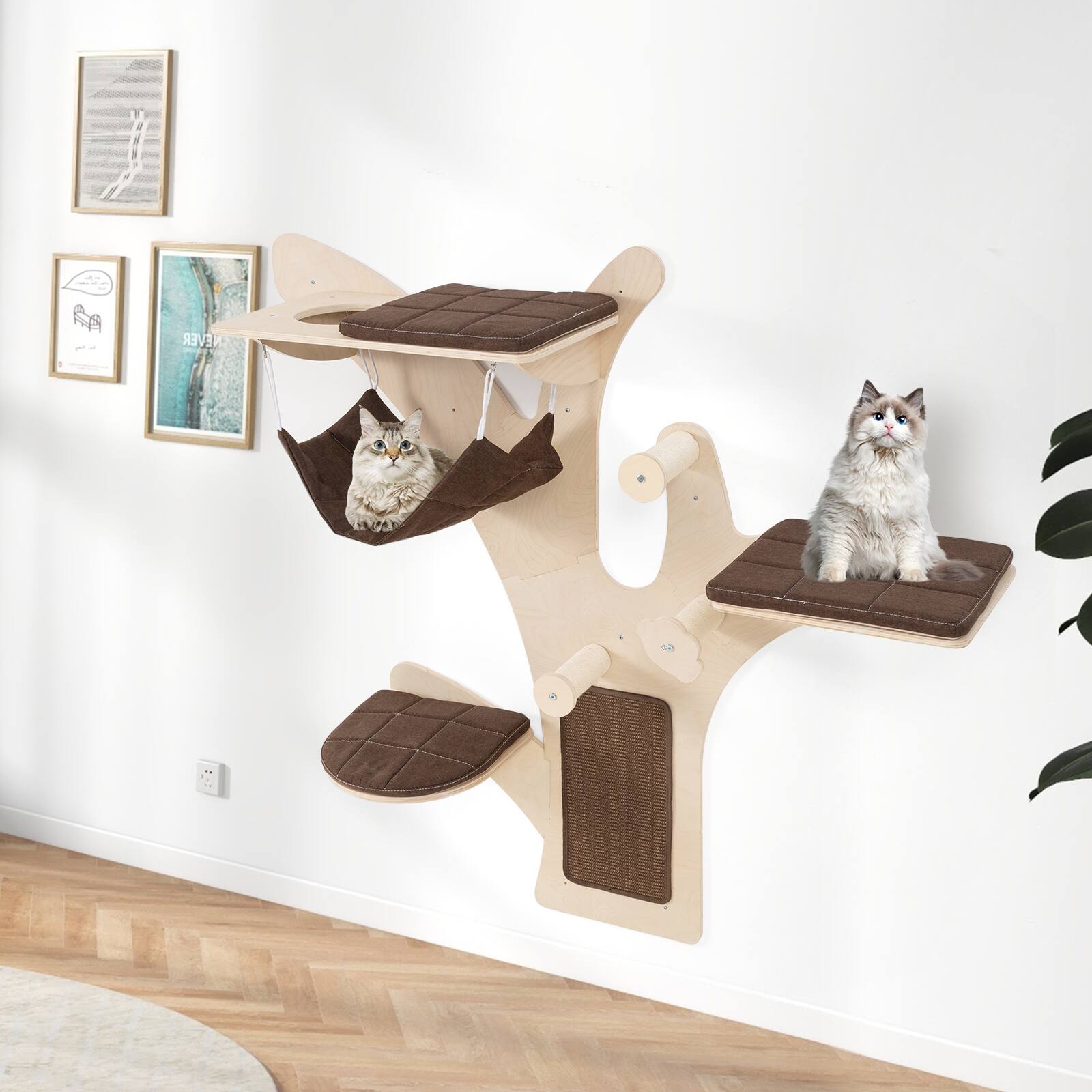 Alt View 1. Gymax - Gymax Wall-Mounted Cat Tower w/ Perch Hammock Sisal Scratching Posts & Mat Cushions - GYM18392.