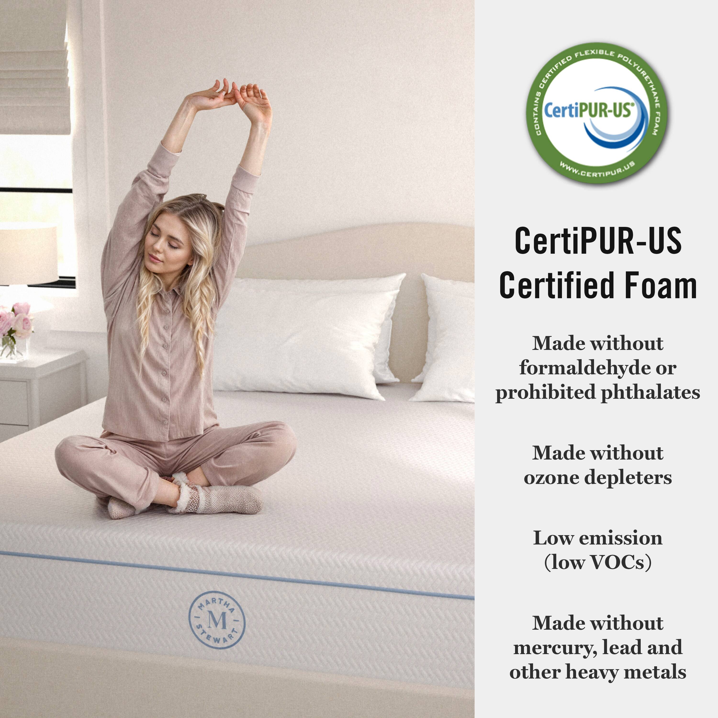 The text on the image is grouped and corrected as follows:

"CertiPUR-US Certified Foam Made without formaldehyde or prohibited phthalates Made without ozone depleters Low emission (low VOCs) Made without mercury, lead and other heavy metals."