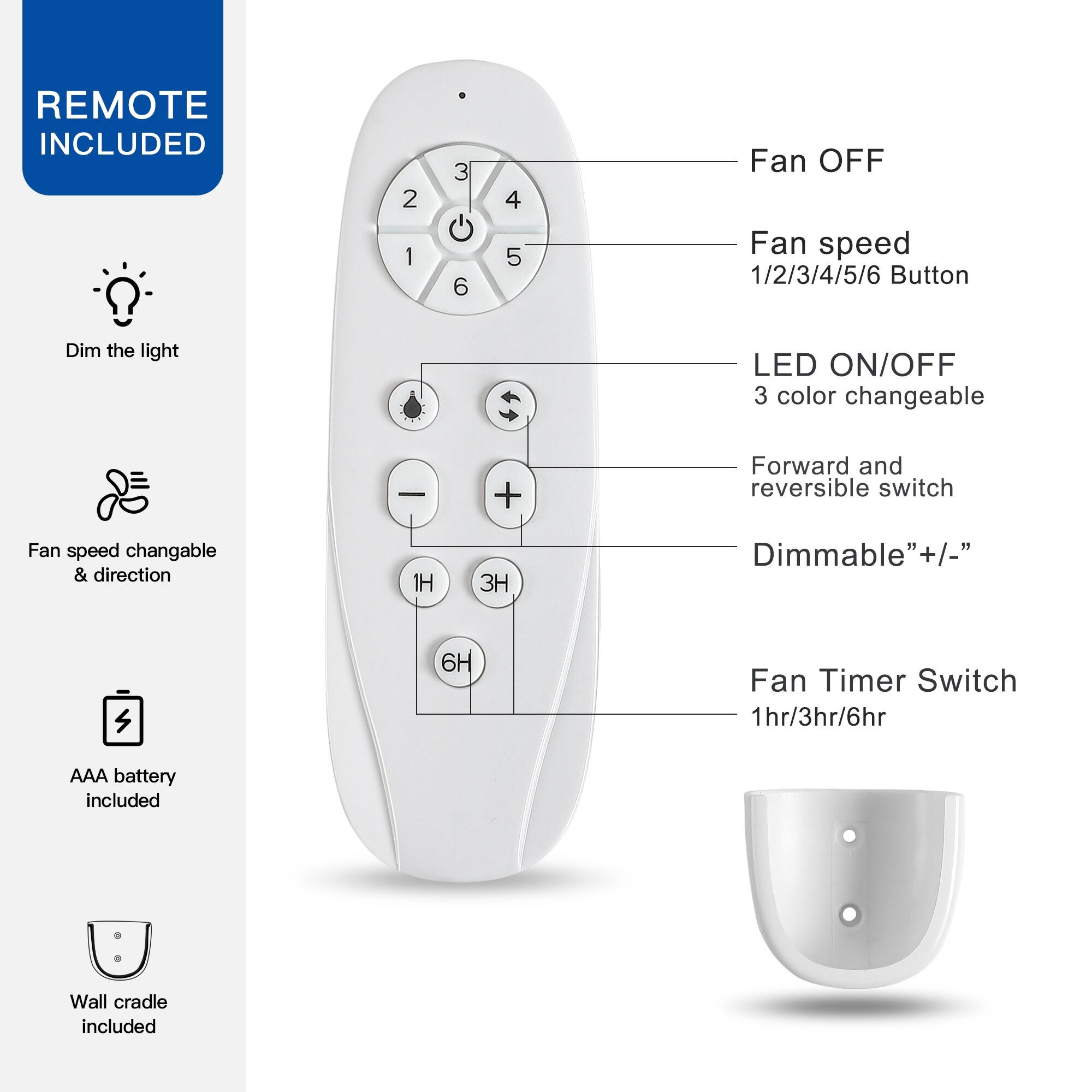 REMOTE INCLUDED

- Fan OFF
- Fan speed 1/2/3/4/5/6 Button
- LED ON/OFF 3 color changeable
- Forward and reversible switch
- Dimmable "+/-"
- Fan Timer Switch 1hr/3hr/6hr
- AAA battery included
- Wall cradle included

- Dim the light
- Fan speed changable & direction
