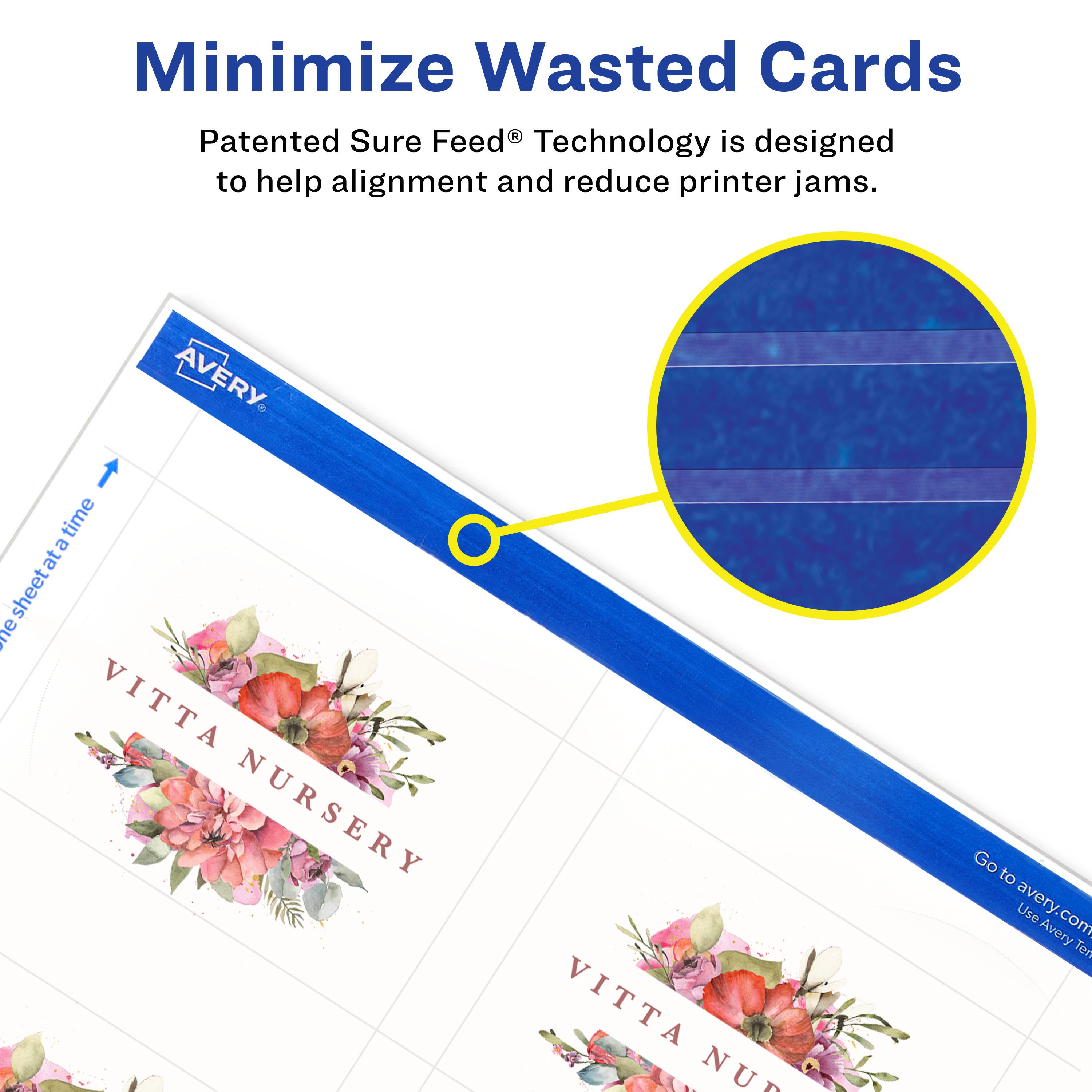 Minimize Wasted Cards

Patented Sure Feed® Technology is designed to help alignment and reduce printer jams.

AVERY

VITTA NURSERY

Go to avery.com

Use Avery templates