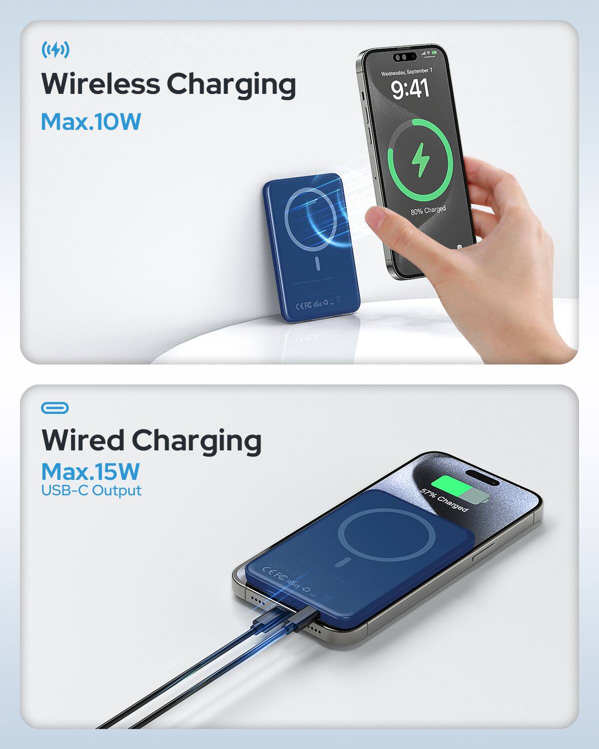 Wireless Charging Max.10W

September 7 1 Wednesday, 9:41
80% Charged

CEFC als
CELGROES

Wired Charging Max.15W USB-C Output
57% Charged

C EFC REAS 0 -