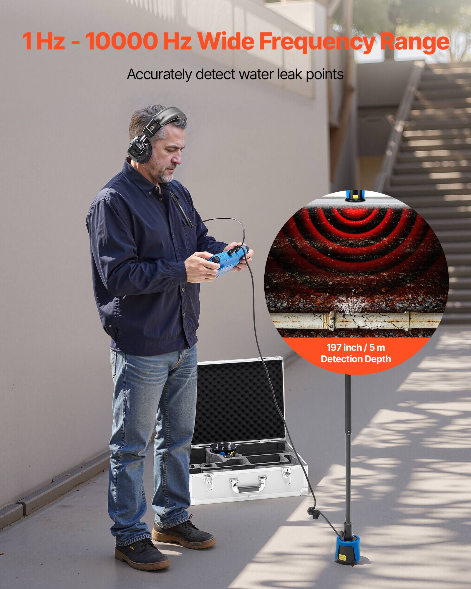 1 Hz - 10000 Hz Wide Frequency Range  
Accurately detect water leak points  
197 inch / 5 m Detection Depth