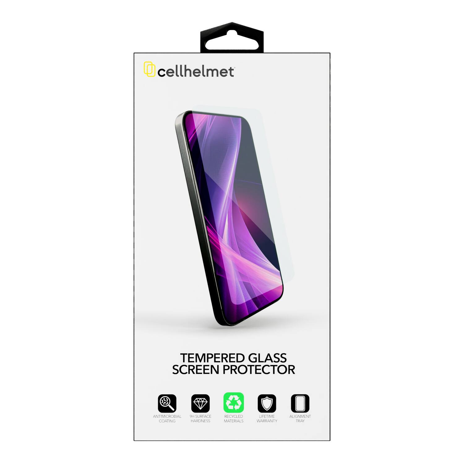 cellhelmet TEMPERED GLASS SCREEN PROTECTOR ANTIMICROBIAL 9H SURFACE HARDNESS RECYCLED MATERIALS LIFETIME ALIGNMENT WARRANTY