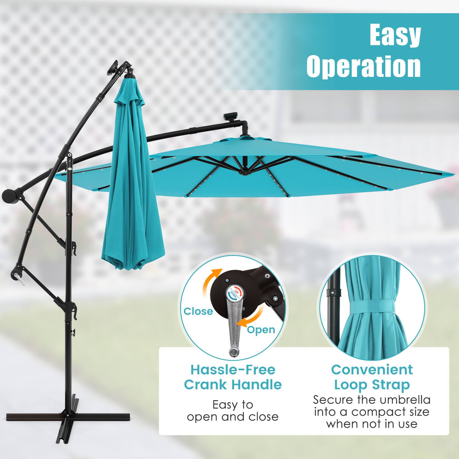 Easy Operation, Close, Open, Hassle-Free Crank Handle, Easy to open and close, Convenient Loop Strap, Secure the umbrella into a compact size when not in use