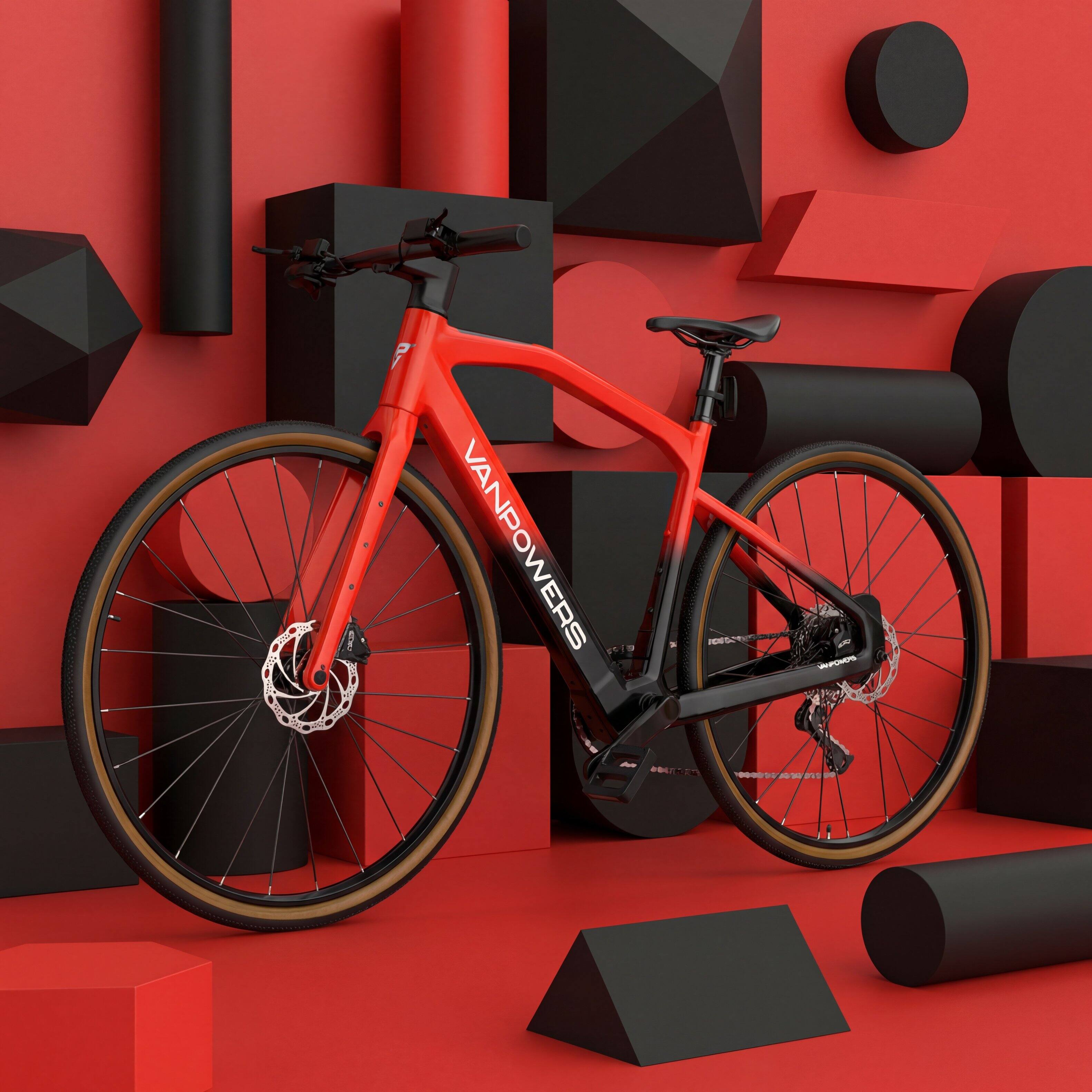 Alt View 2. Vanpowers - UrbanCross Pro Lightweight  350W Hub-Motor Gravel E-Bike-L Size - Lava Red and Coke Black.