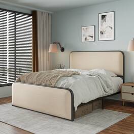 GOODSILO - Modern Metal Bed Frame with Curved Upholstered Headboard and Footboard Featuring Under Bed Storage - Beige