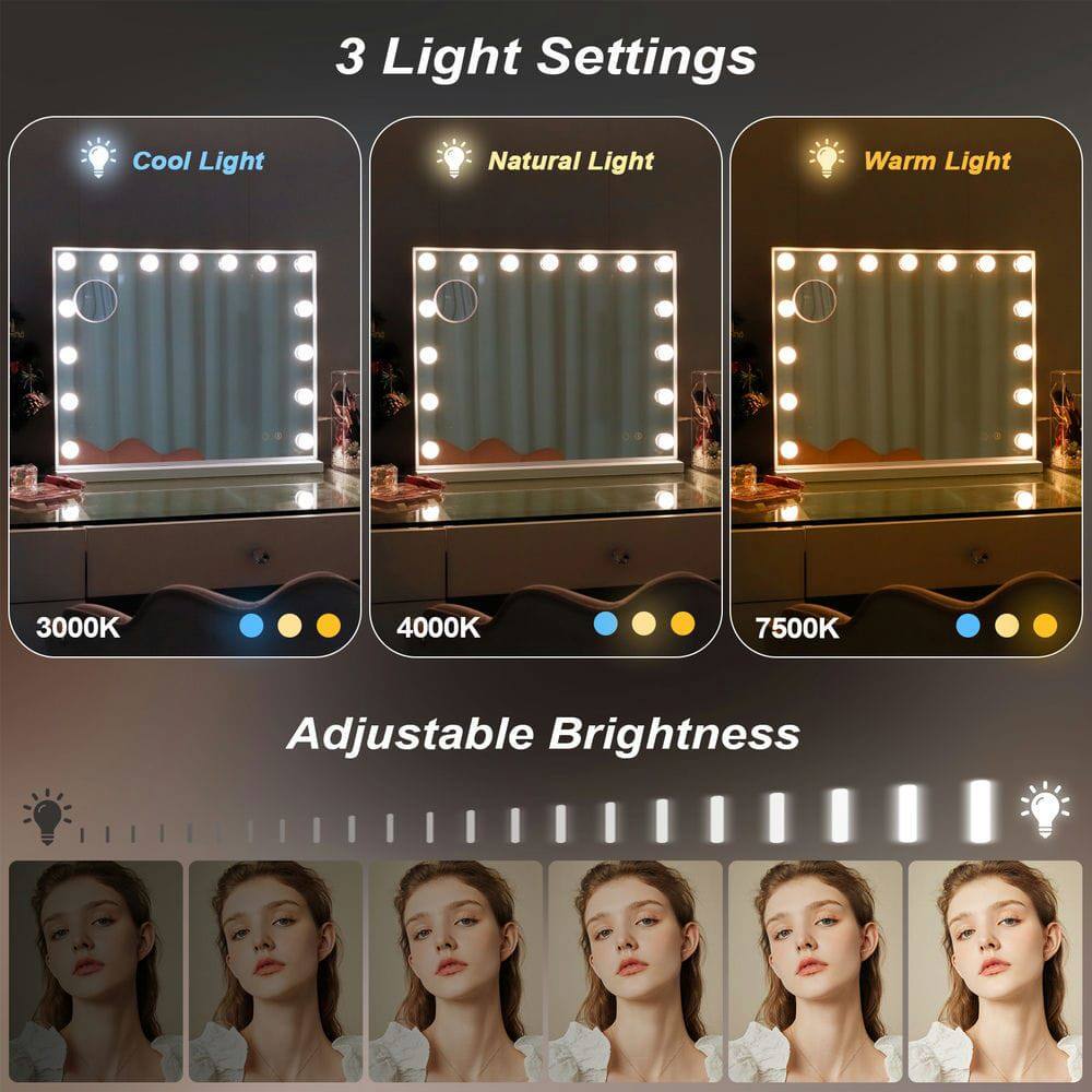 3 Light Settings  
- Cool Light  
- Natural Light  
- Warm Light  

3000K  
4000K  
7500K  

Adjustable Brightness