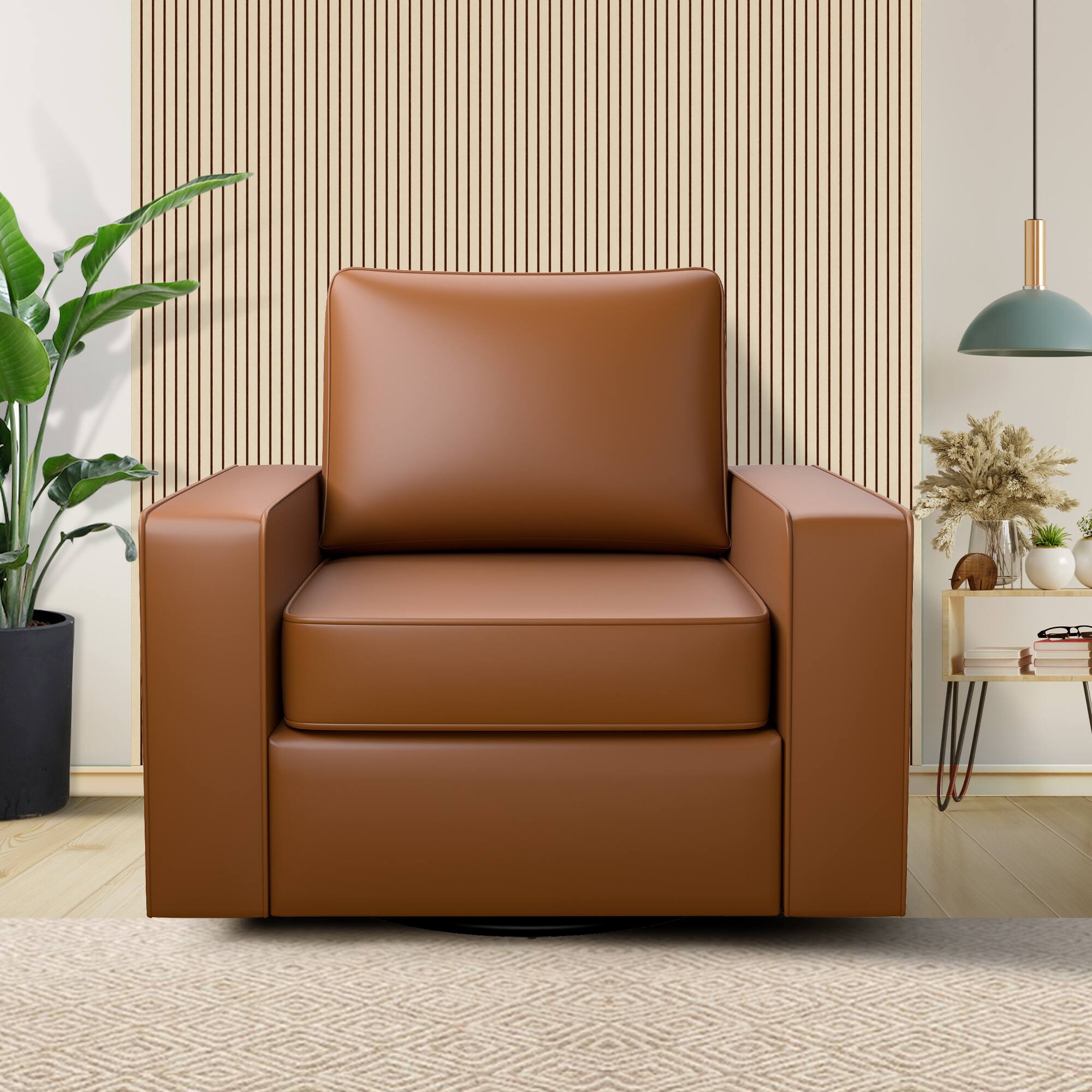 Alt View 3. KERDOM - Swivel Accent Armchair, PU Leather Upholstered Single Sofa Lounge Chair, with Rotating Sofa Rotation Base and Pillow - Brown.