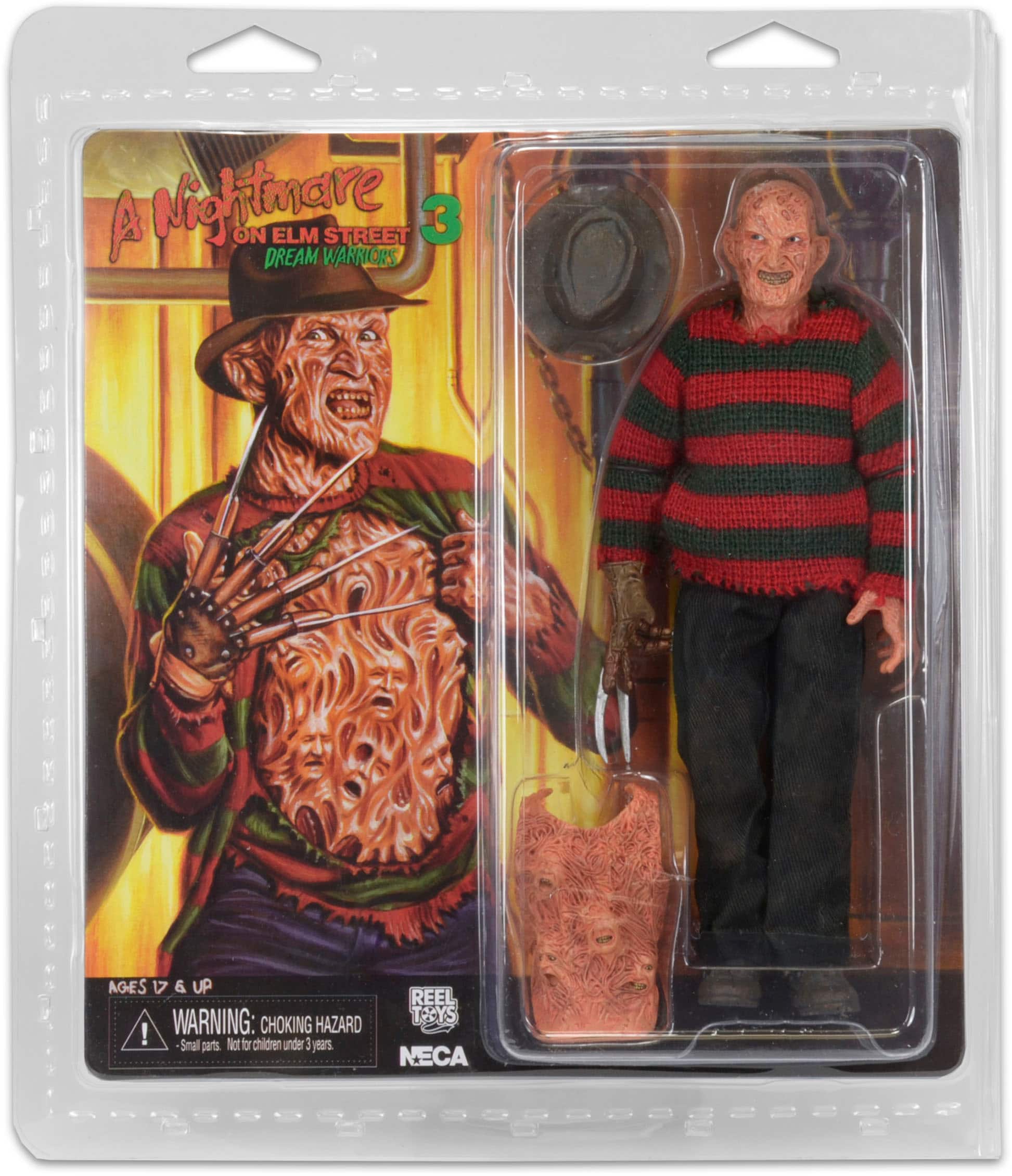 A Nightmare on Elm Street 3: Dream Warriors is a horror movie that was released in 1987. The movie is the third installment in the Nightmare on Elm Street film series. The film follows a group of teenagers who are being haunted by the serial killer Freddy Krueger. The movie is rated R and is not suitable for children under 17 years old. The toy in the image is a collectible figure of Freddy Krueger, which is made by the company NECA. The figure is packaged in a plastic case and is intended for ages 17 and up. It is important to note that the toy may pose a choking hazard for children under 3 years old.