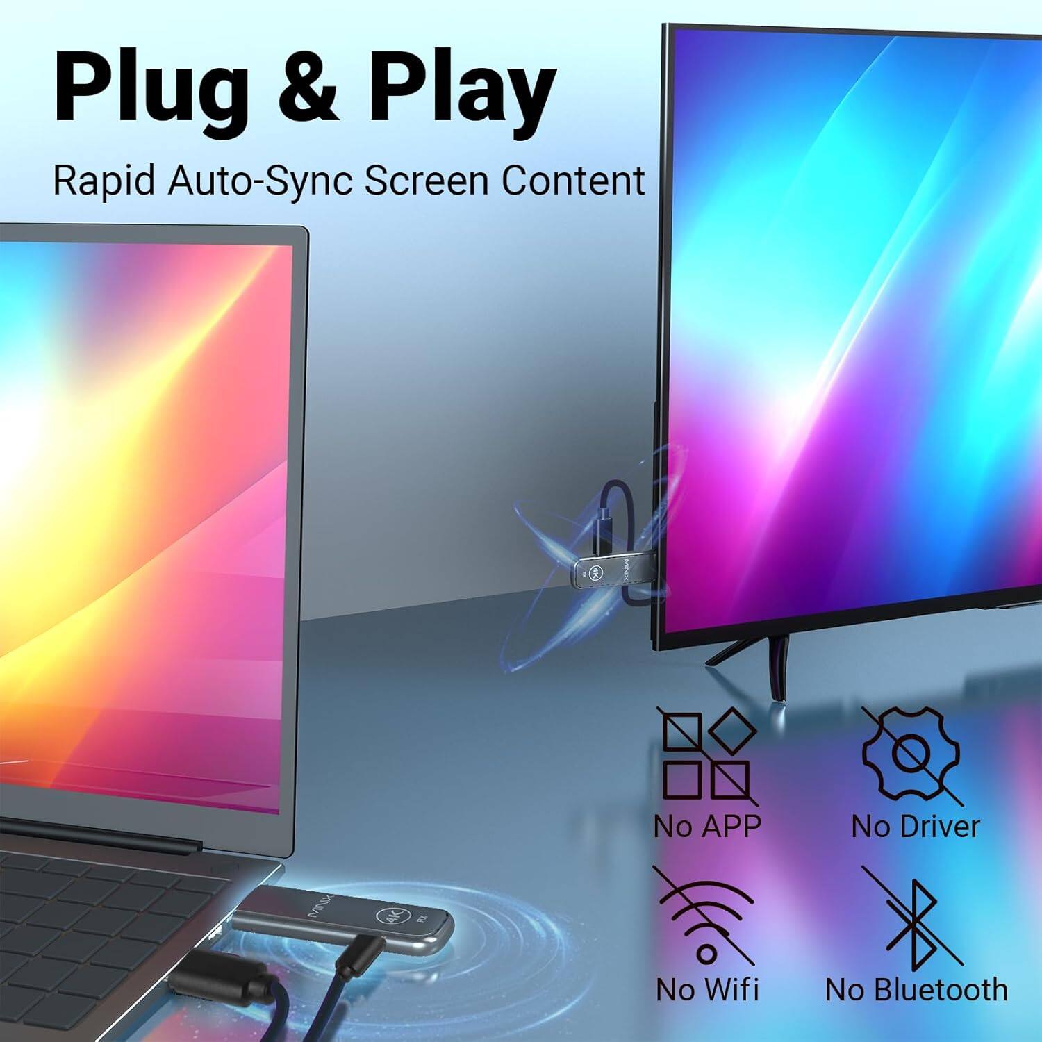 Plug & Play  
Rapid Auto-Sync Screen Content  

No APP  
No Driver  
No Wifi  
No Bluetooth