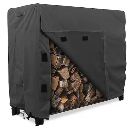 Front. KHOMO GEAR - Heavy-Duty 4ft Firewood Log Rack Cover, Waterproof Outdoor Wood Storage Protector, Fade & Weather Resistant - Black.
