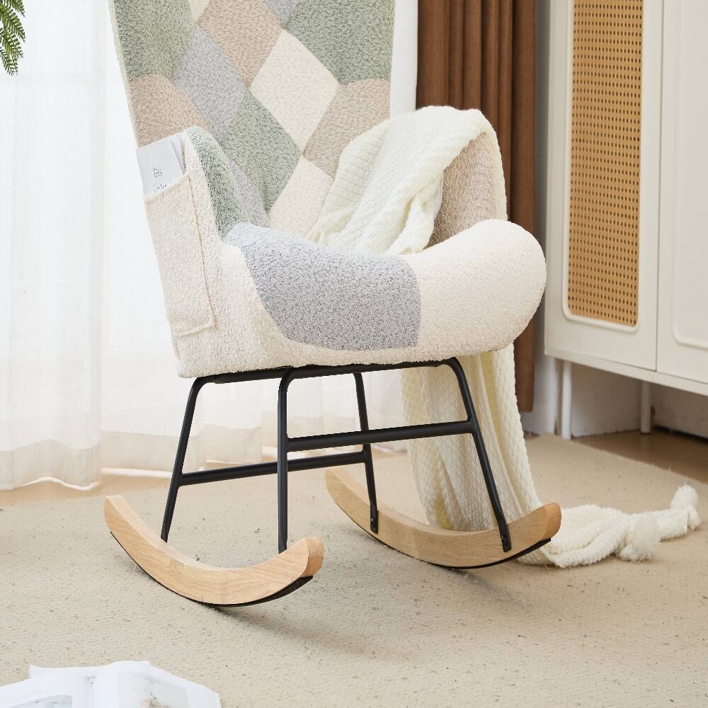 Alt View 10. Loheer - Loheer Nursery Rocking Chair Teddy Fleece Glider Rocker with Side Pocket Upholstered Accent Armchair Patchwork Yellow - Yellow Patchwork.