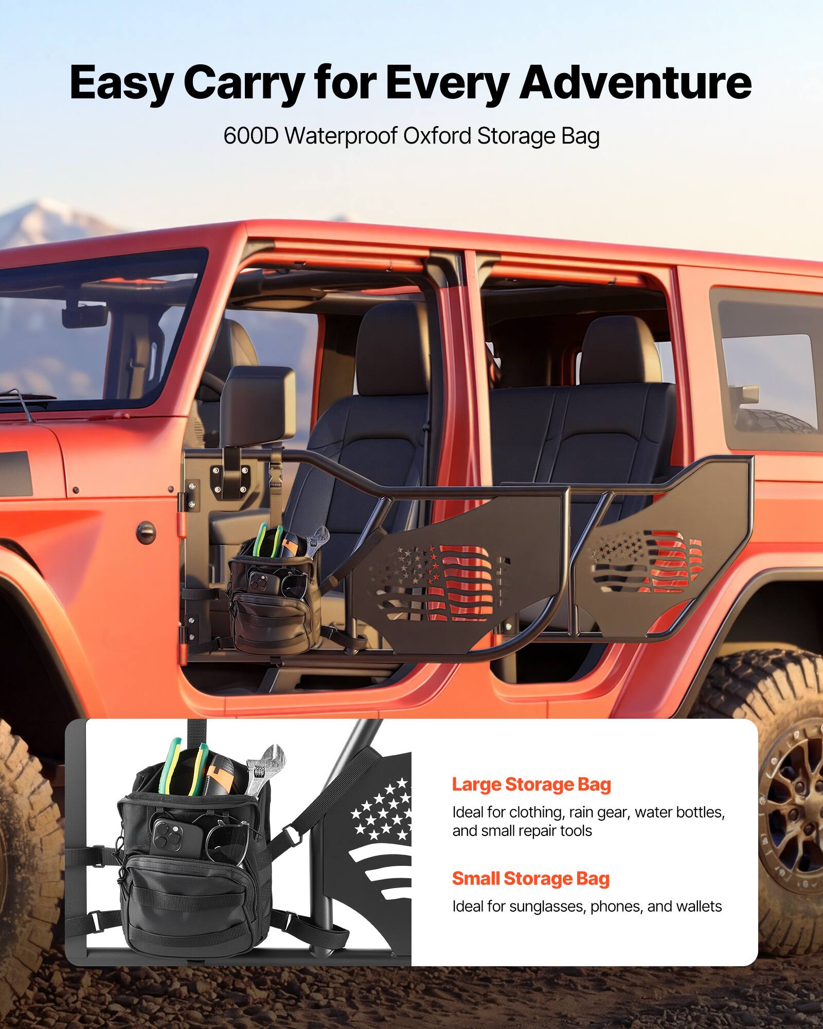 Easy Carry for Every Adventure  
600D Waterproof Oxford Storage Bag  

Large Storage Bag  
Ideal for clothing, rain gear, water bottles, and small repair tools  

Small Storage Bag  
Ideal for sunglasses, phones, and wallets
