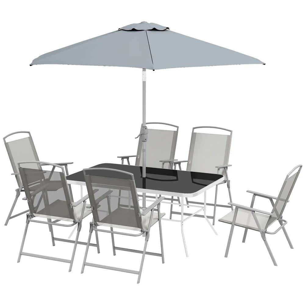 Resenkos - 8 Piece Outdoor Dining Set, Umbrella,Metal, Tempered Glass - Gray